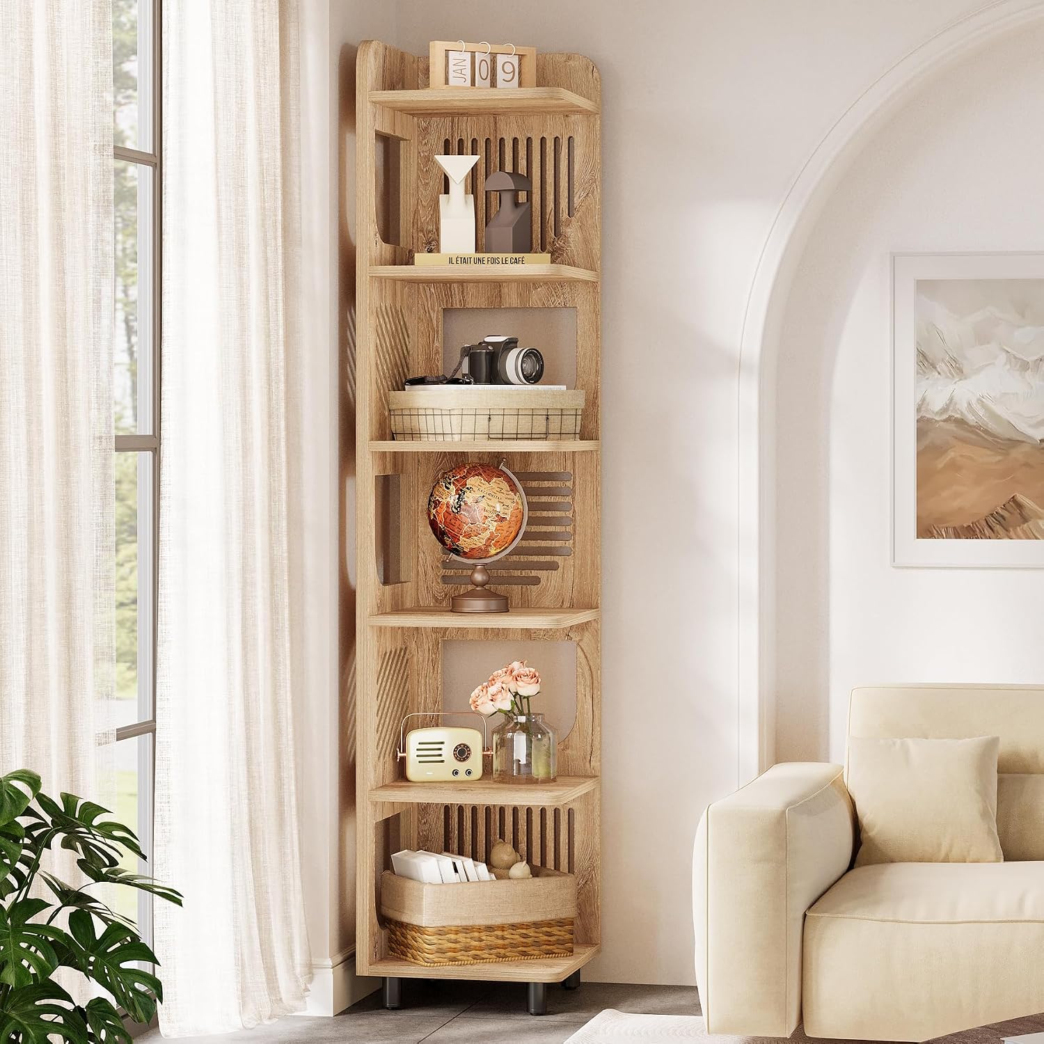 Tribesigns 6-Tier Tall Corner Shelf, 71-Inch Rustic Narrow Corner Bookshelf Bookcase with Square Rack, Freestanding Corner Display Storage Shelf Organizer for Living Room, Kitchen, Office, Natural