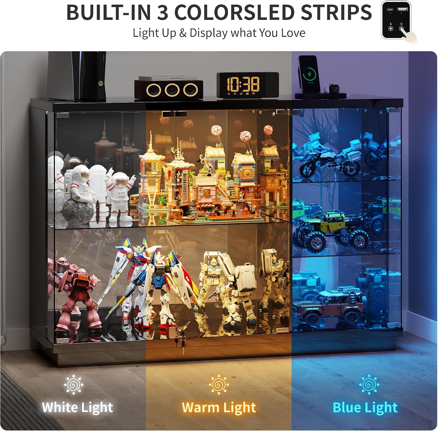 HNEBC Display Curio Cabinet - with Glass Door,47.2' W Lockable Glass Display Cabinet with LED Lights for Collectibles,5-Tier Lighted Display Case with Motion Sensor,Living Room,Black