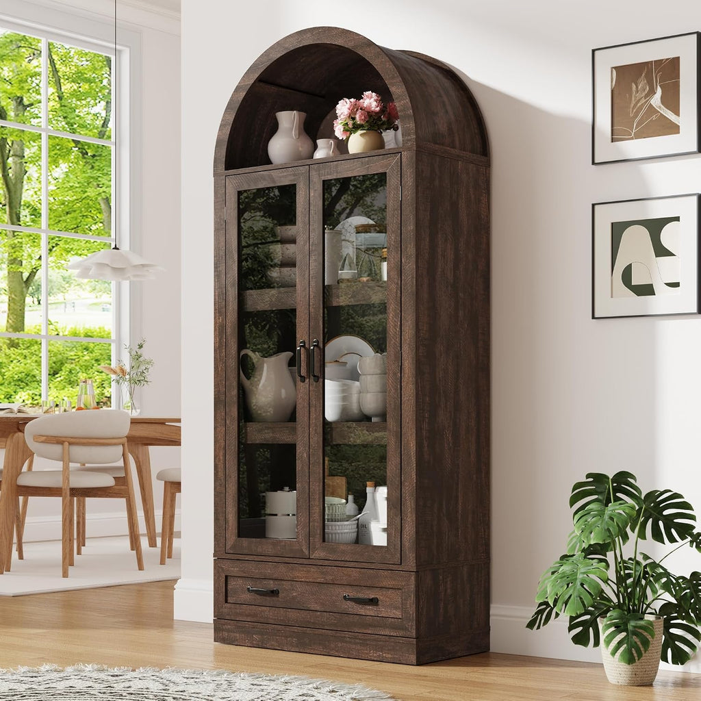 75' Tall Arched Kitchen Pantry Cabinet w Load-Bearing Steel Pipe,Modern Farmhouse Kitchens Storage Cabinet with Drawer and Glass Doors,Tall Arched Bookcase,Pantry Organizer(Rustic Brown)