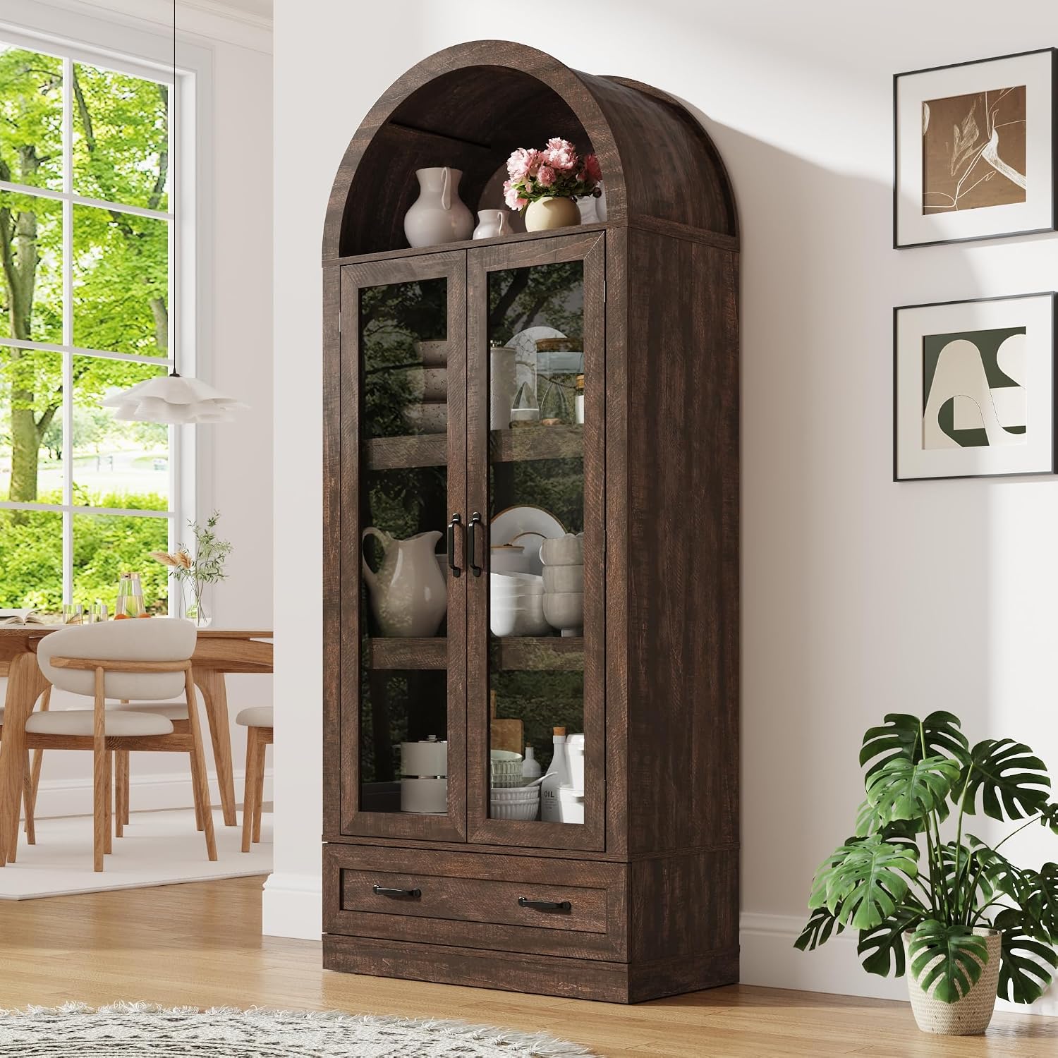 75' Tall Arched Kitchen Pantry Cabinet w Load-Bearing Steel Pipe,Modern Farmhouse Kitchens Storage Cabinet with Drawer and Glass Doors,Tall Arched Bookcase,Pantry Organizer(Rustic Brown)