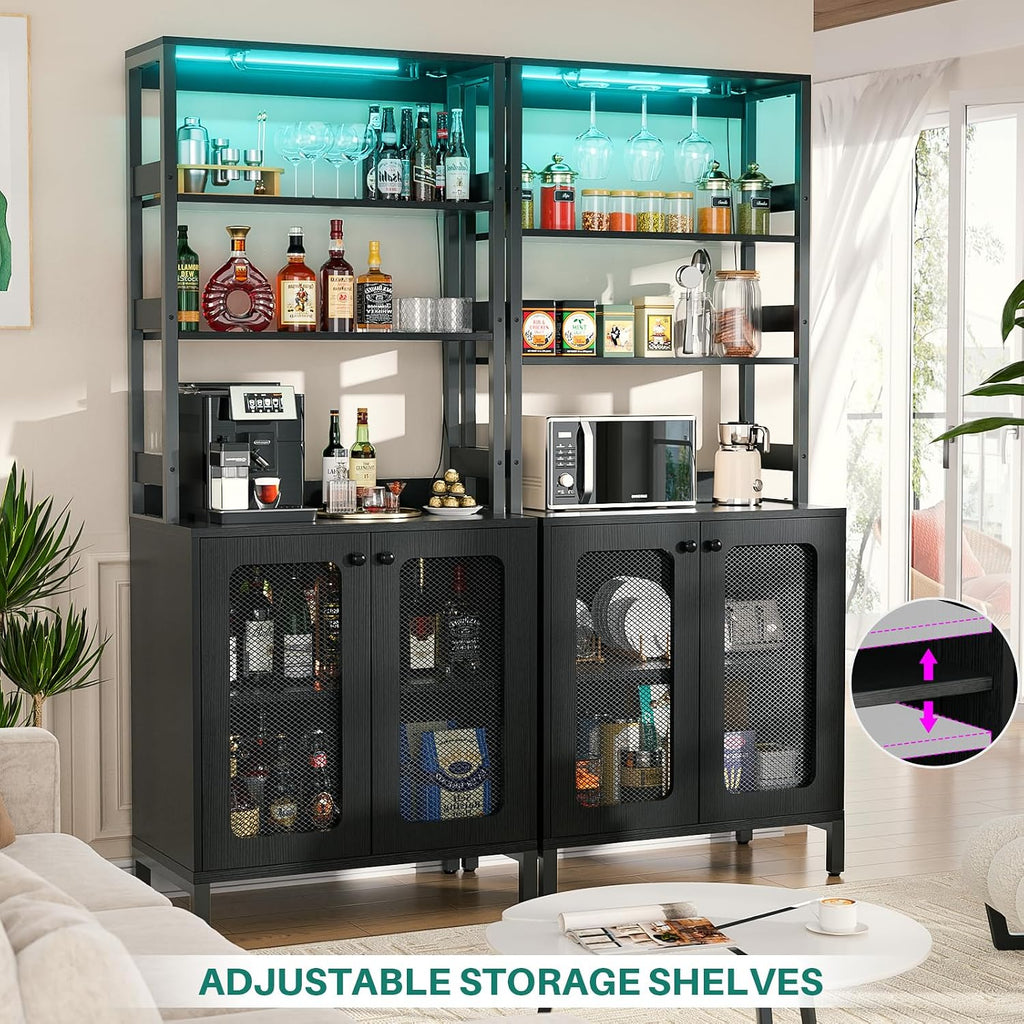Aheaplus Bar Cabinet with Power Outlets, 67' Tall Wine Bar Cabinet Liquor Cabinets with LED Lights and Glass Holder, Coffee Bars Station for Living Room, Microwave Stand Bakers Rack Cabinets, Black