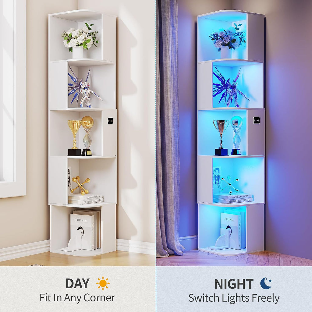 5 Shelf Bookcase - Corner Bookshelf with 3 Colors LED Sensor Lights Modern Cube Storage Organizer for Lego Books Living Room Study Bedroom - Ideal Gift (White)