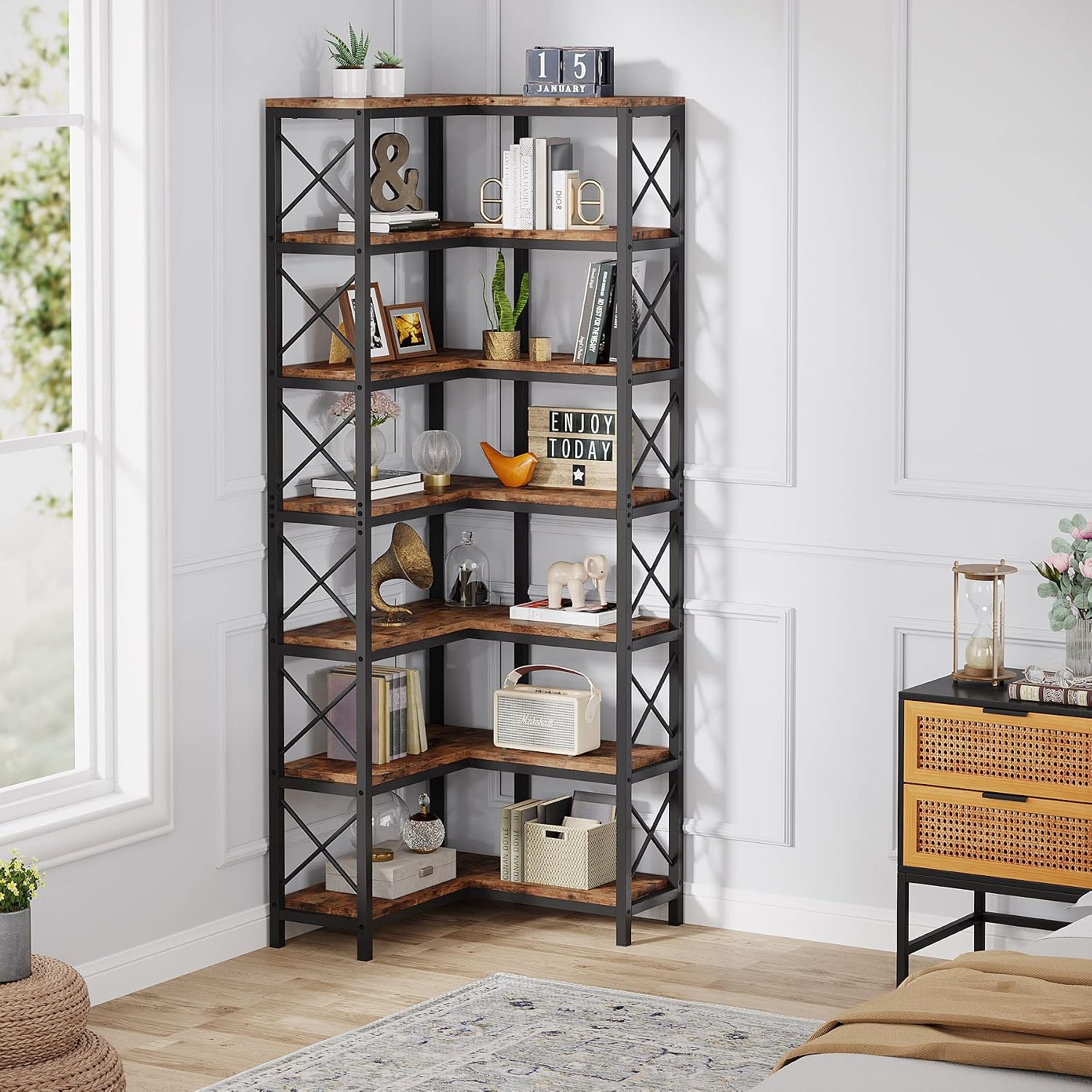 Tribesigns 7-Shelf Corner Bookshelf,Large Modern Corner Bookcase, 7-Tier Tall Corner Shelf Storage Display Rack with Metal Frame for Living Room Home Office (Rustic Brown) | Large, Corner Bookcase, Tall, Corner Shelf, Storage Display Rack, Living Room