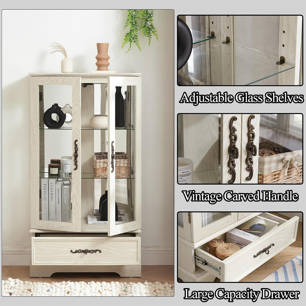 3-Tier Lighted Curio Display Cabinet, 47' H Glass Accent Storage Cabinet with Adjustable Glass Shelves & 1 Drawer, Wooden Wine Display Case with Mirrored Back Panel for Living Room (White)