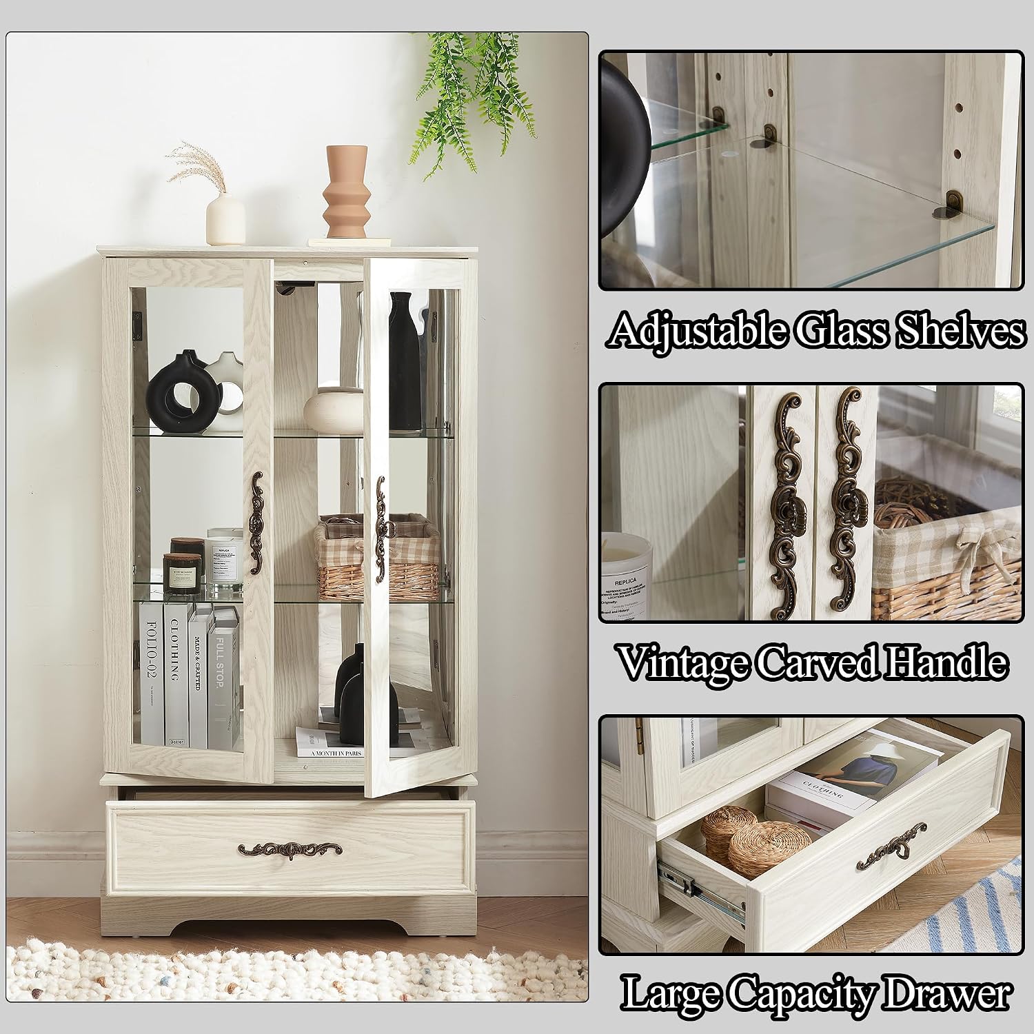 3-Tier Lighted Curio Display Cabinet, 47' H Glass Accent Storage Cabinet with Adjustable Glass Shelves & 1 Drawer, Wooden Wine Display Case with Mirrored Back Panel for Living Room (White)