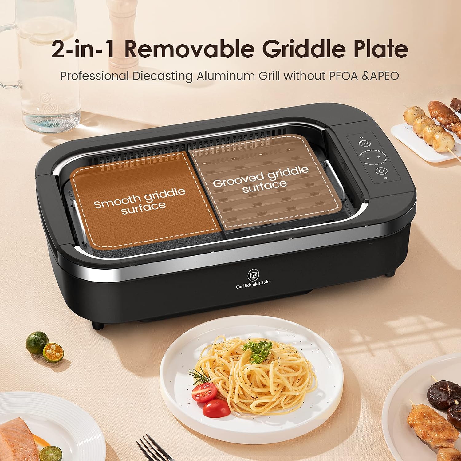 Indoor Grill-Smokeless BBQ Grill with Die-Casting Nonstick Griddle Pan,Led Temperature Control, Turbo Smoke Extractor Technology,15*9 Grilling Surface, Detachable Design,Ideal for 2 People, Black.