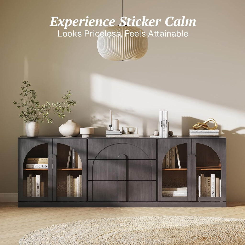 BELLEZE 3-Piece Modular Sideboard Cabinet Freely Configurable, Modern Wood Buffet Cabinet Contain 2 Arched Cabinets and a 3-Drawer Storage, Media Console Credenza for Living Room Kitchen, Ebony