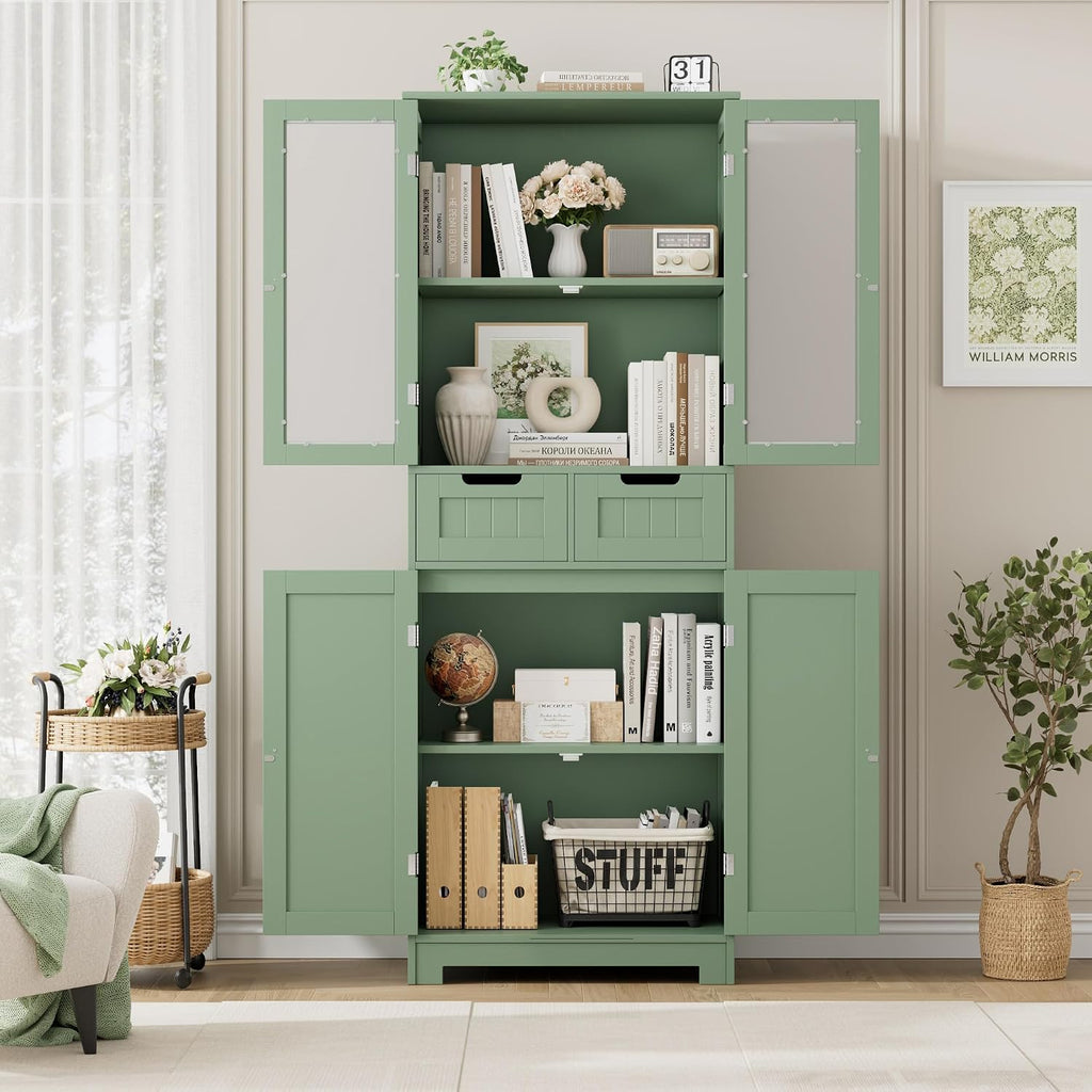 HORSTORS 67' Tall Bathroom Storage Cabinet, Freestanding Storage Cabinet with Glass Door and Shelves, Kitchen Pantry Linen Cabinet with 2 Drawers for Bathroom, Living Room, Dining Room, Green