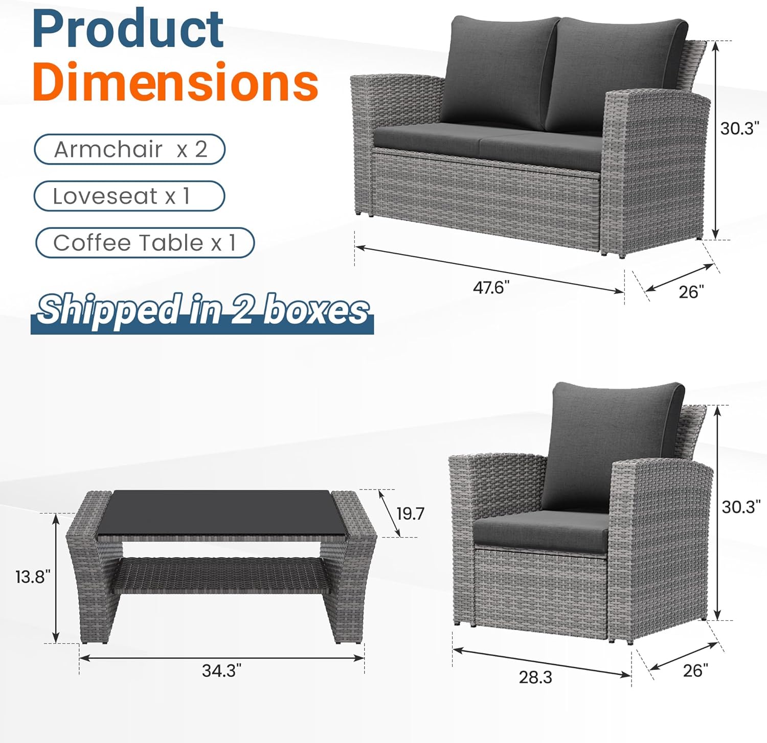Wisteria Lane Patio Furniture Set, Wicker Outside Outdoor Furniture for All Weather, Patio Sofa with High Backrest Support and Wide Armrest for Backyard, Balcony, Deck, Porch, Black