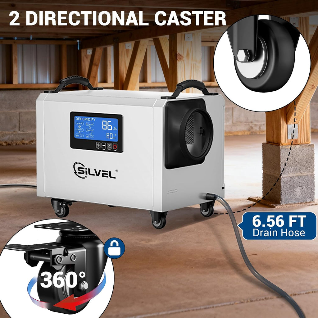 SILVEL 145 Pints Crawl Space Dehumidifier with Drain Hose, Portable Commercial Dehumidifier for Basement and Whole Home, Smart Automatic Defrost, Memory Start, Up to 6000 Sq.Ft, White