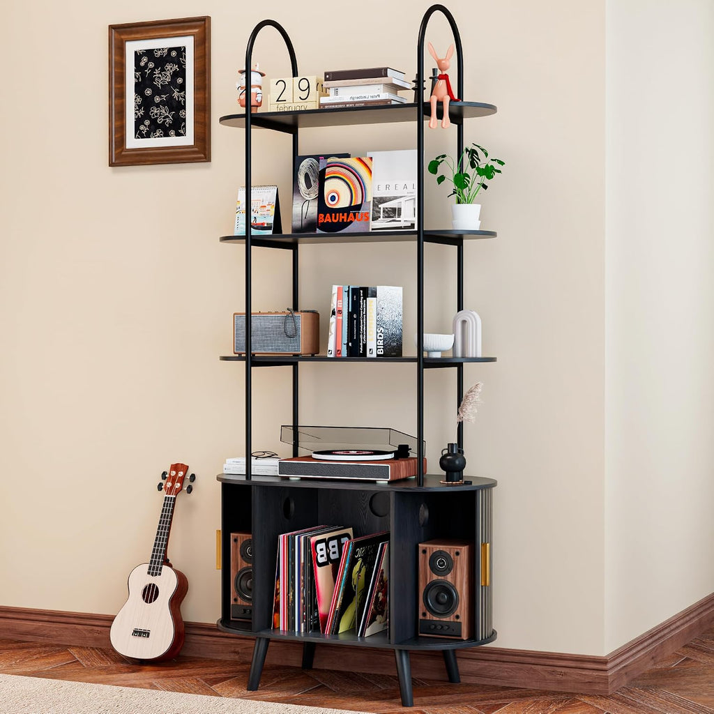 Tall Vinyl Record Player Stand, Black Small Record Storage Cabinet, 4 Tier Arched Bookshelf with Sliding Doors, Fluted Media Display Shelf, Mid Century Modern Turntable Stand for Living Room, Retro