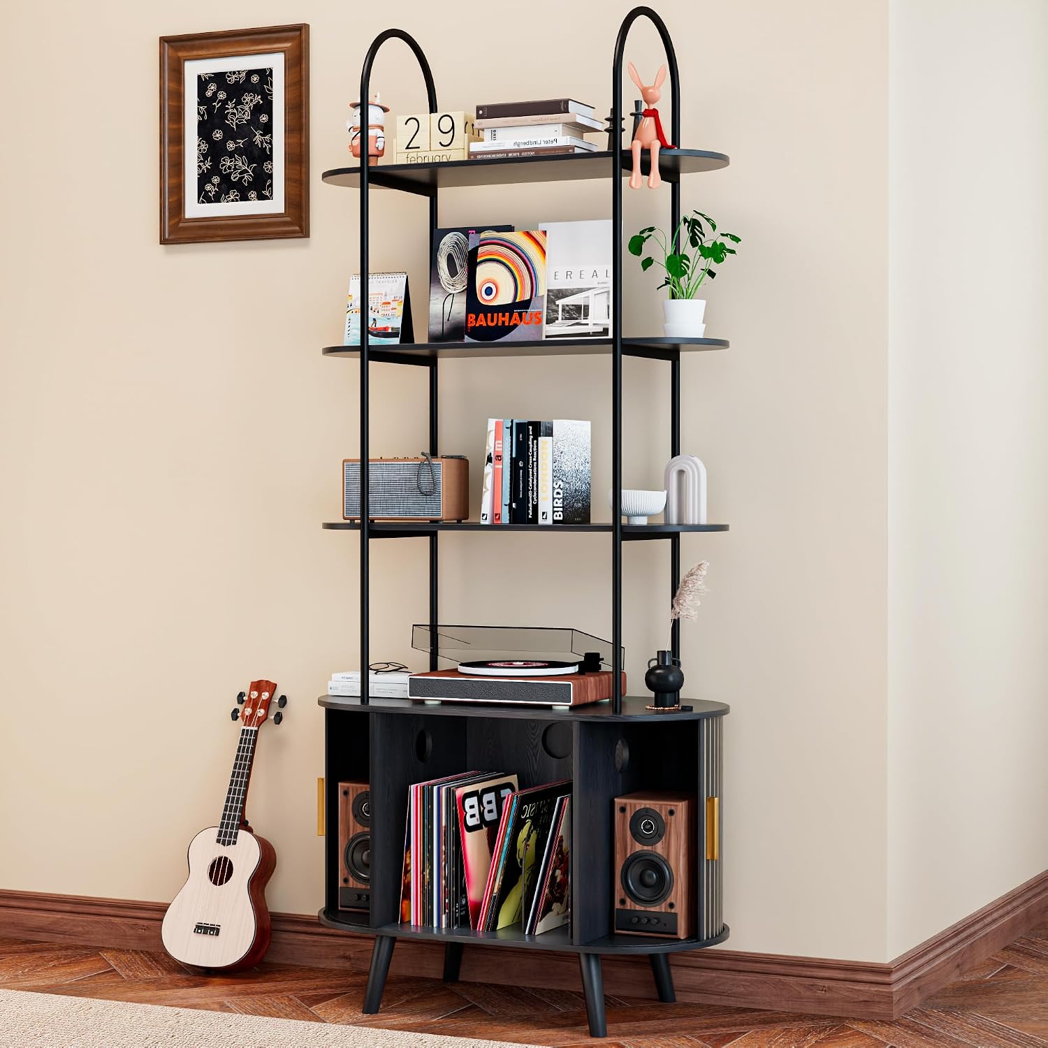 Tall Vinyl Record Player Stand, Black Small Record Storage Cabinet, 4 Tier Arched Bookshelf with Sliding Doors, Fluted Media Display Shelf, Mid Century Modern Turntable Stand for Living Room, Retro
