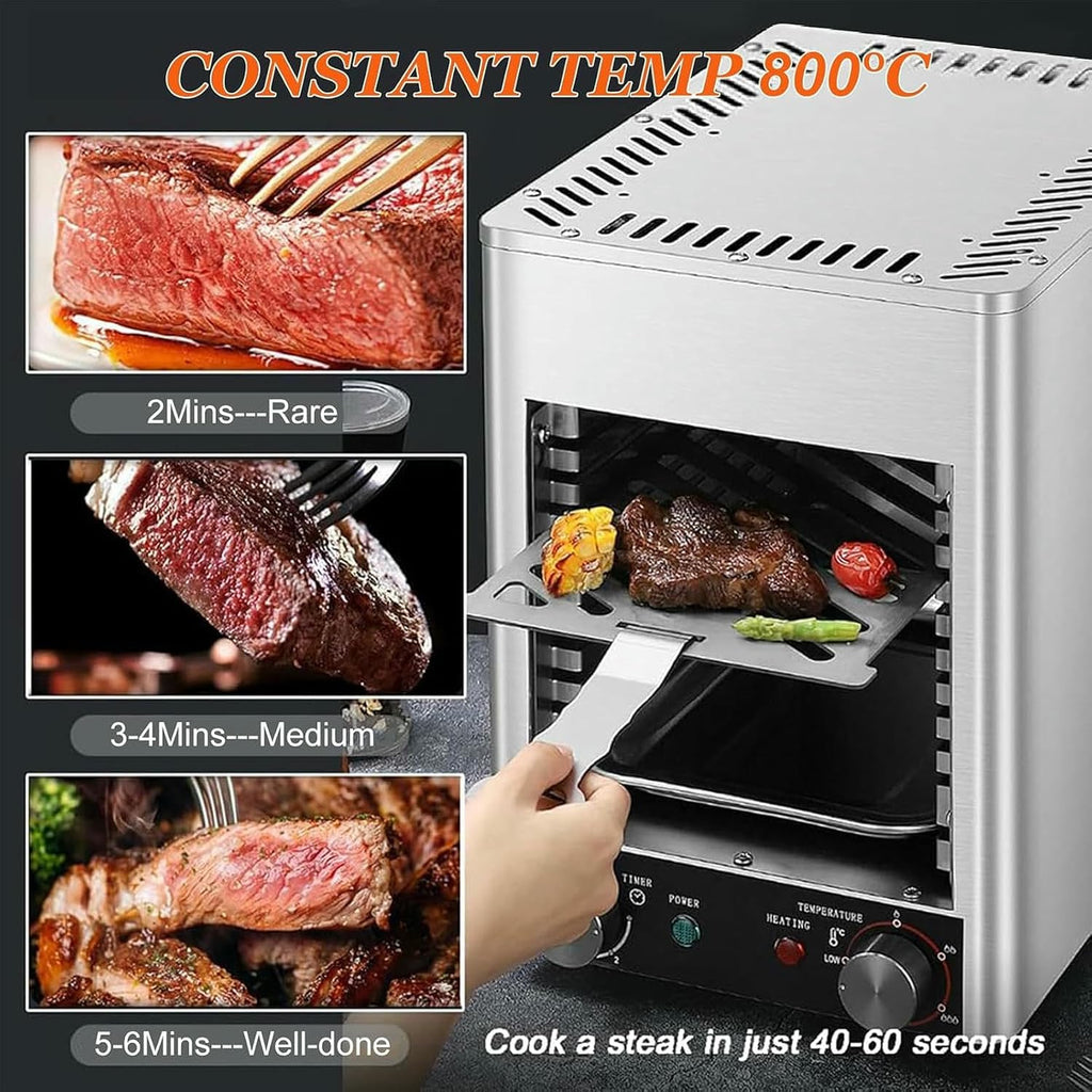 Small Steak Oven, Portable Indoor Broiler, 1500°F Stainless Steel Barbecue Grill with 6/8-Tier Adjustable Rack, Steak Cooker Machine for BBQ,110V