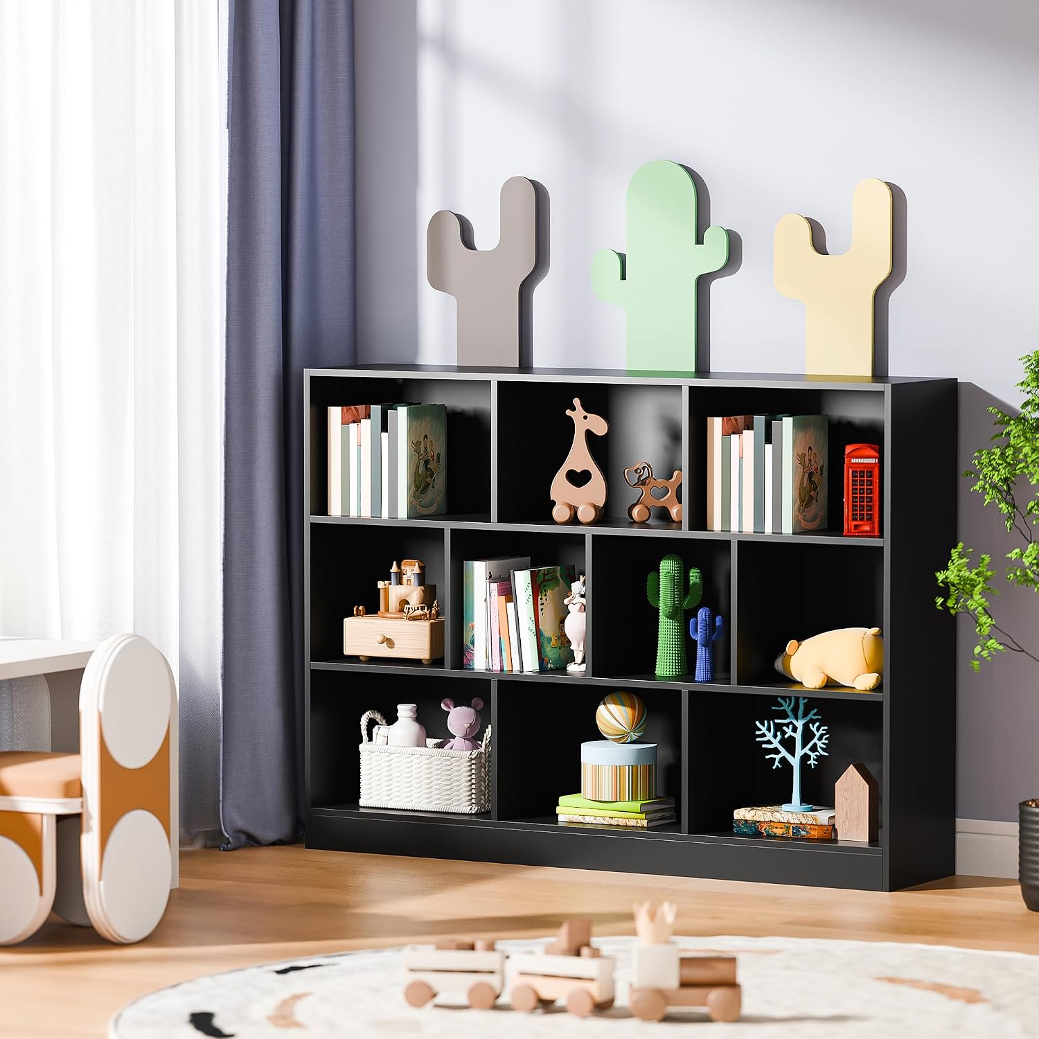 Cozy Castle Black Bookshelf, 3-Tier Open Shelf Bookcase, 10 Cube Storage Organizer with Anti-Tilt Device for Bedroom, Living Room, 55.11' W x 11.61'D x 40.94'H