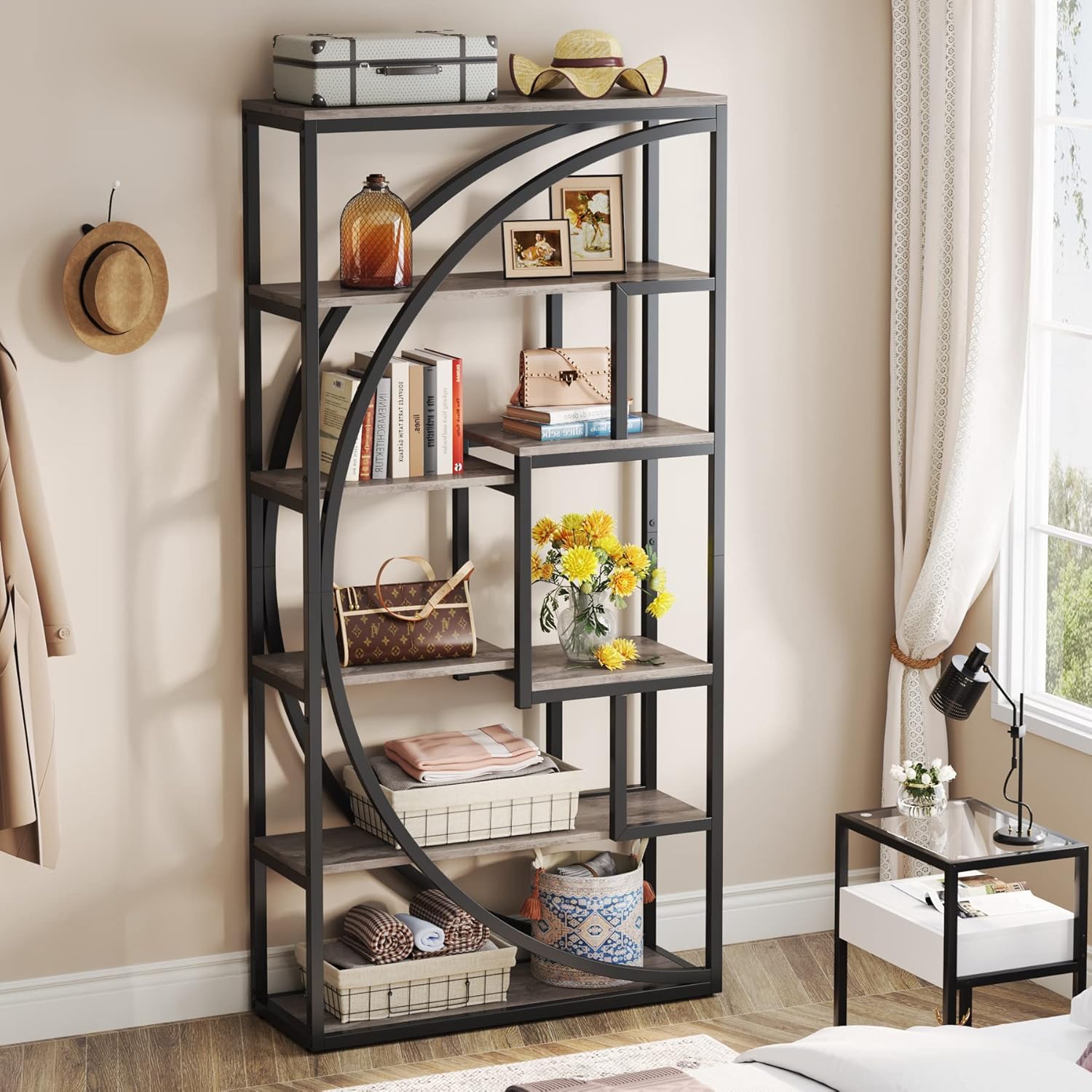 Tribesigns Bookshelf, Industrial 5-Tier Etagere Bookcase, 70.8 inch Tall Bookshelf with 8 Open Storage Shelf, Book Shelf Display Tack Shelving Unit for Home Office Living Room, Vintage Grey