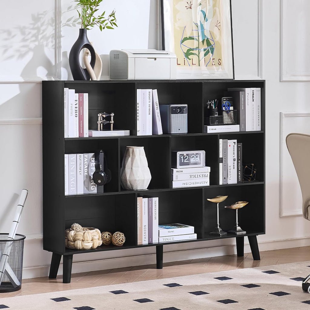 LEYAOYAO 10 Cube Bookshelf, 3 Tier Vintage 55' Wide Bookcase with Legs, Mid-Century Wood Bookshelves Storage, Black Large Book Case, Freestanding Organizer Display Shelf for Living Room, Office
