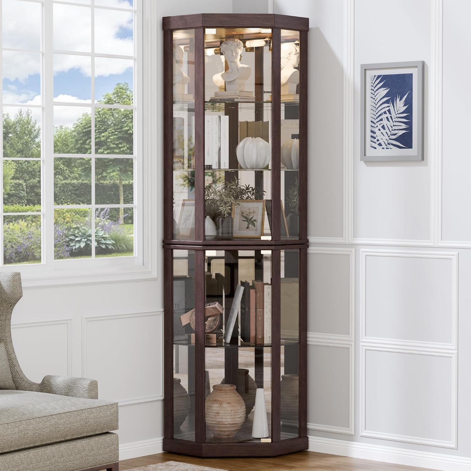 Lighted 3-Side Glass Display Curio Cabinet, Accent Wooden Corner Cabinet with Elegant Glass Door, Wooden Storage Display Case for Living Room, Dining Room, Dark Cherry