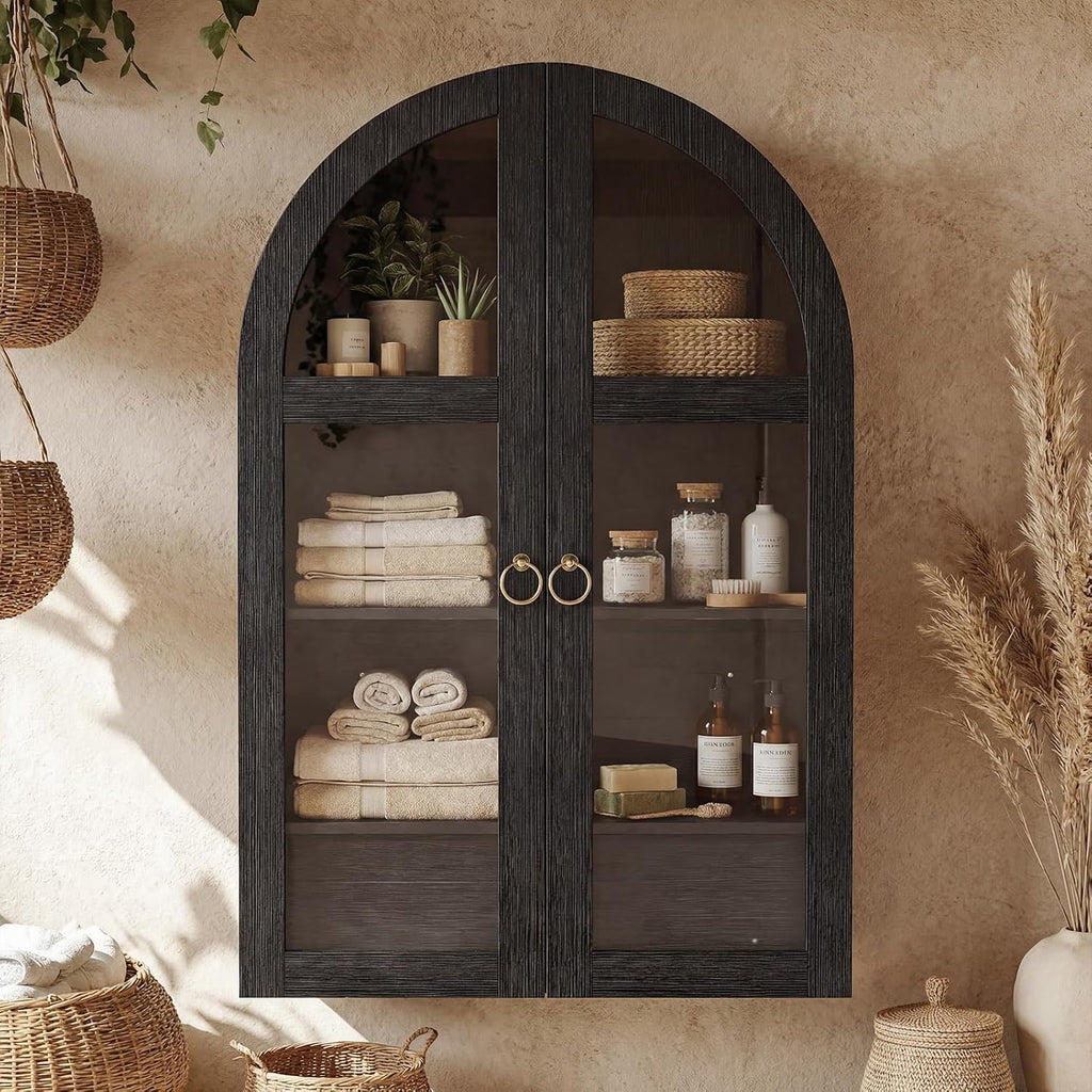 Arched Wall Cabinet with Tempered Glass Doors, 23.5×31.4 Inch Hanging Storage Cabinet with Adjustable Shelf, Glass Display Cabinet for Bathroom, Kitchen, Living Room, Black