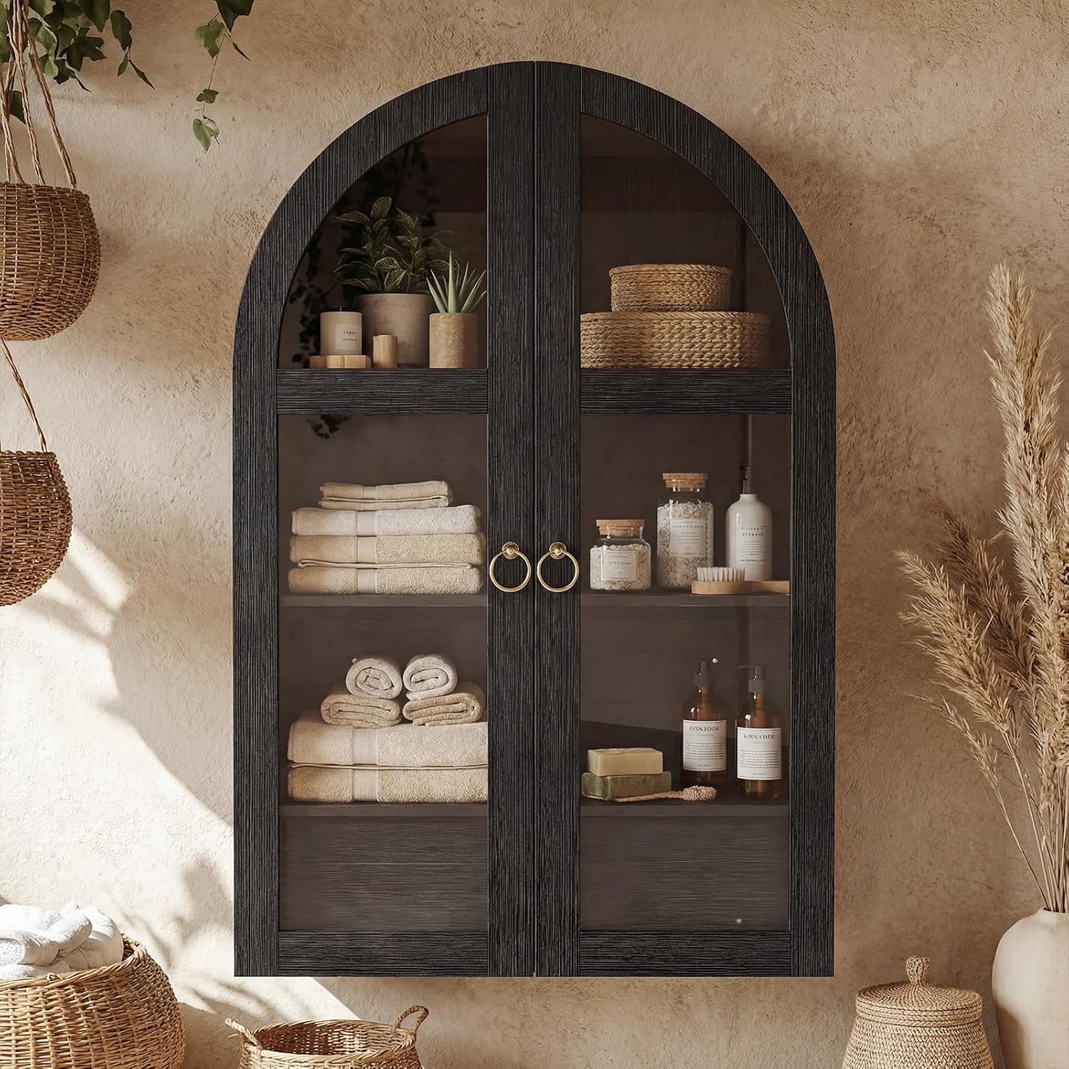 Arched Wall Cabinet with Tempered Glass Doors, 23.5×31.4 Inch Hanging Storage Cabinet with Adjustable Shelf, Glass Display Cabinet for Bathroom, Kitchen, Living Room, Black