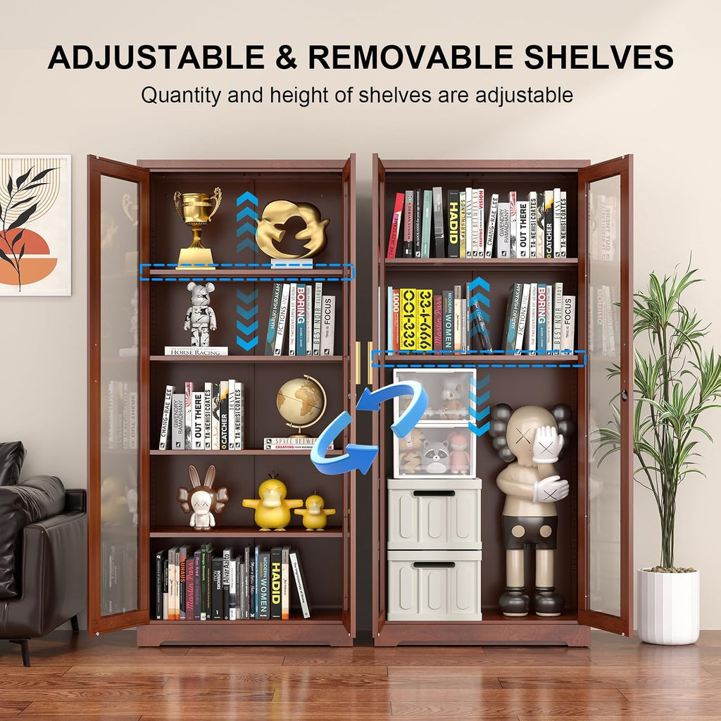 Polup Glass Display Cabinet, Display Case with Glass Doors and Shelves, Metal Curio Cabinets with Locking, 71' Tall Bookcase with Glass Doors for Home, School, Clinic (Wood Color)- Assemble Required