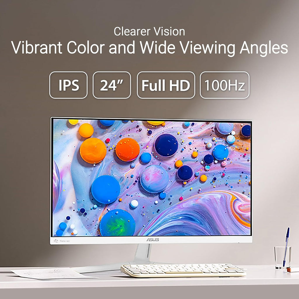 ASUS 24' (23.8 inch viewable) 1080P Eye Care Monitor (VU249HFI-W) - Full HD, IPS, 100Hz, SmoothMotion, Adaptive Sync, Nano-ion, Eye Care Plus, VESA Wall Mountable, 3 yr Warranty