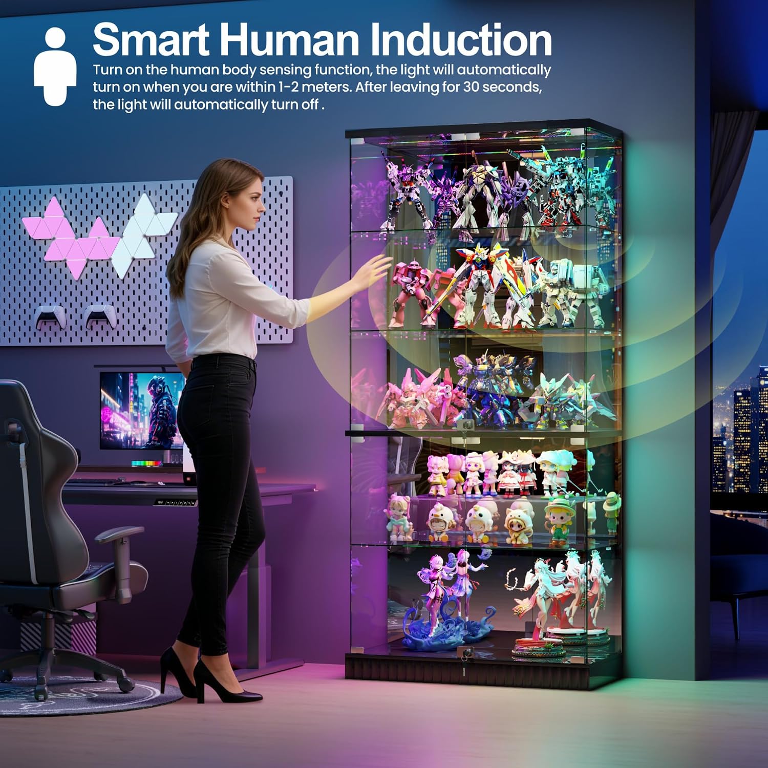 HNEBC 5 Tier Glass Display Cabinet, 66.9' Curio Cabinet with RBG Lights, Display Cases with Lockable and Human Body Sensor, Bookcases for Collectibles, Figurines, Books, Toys, Black