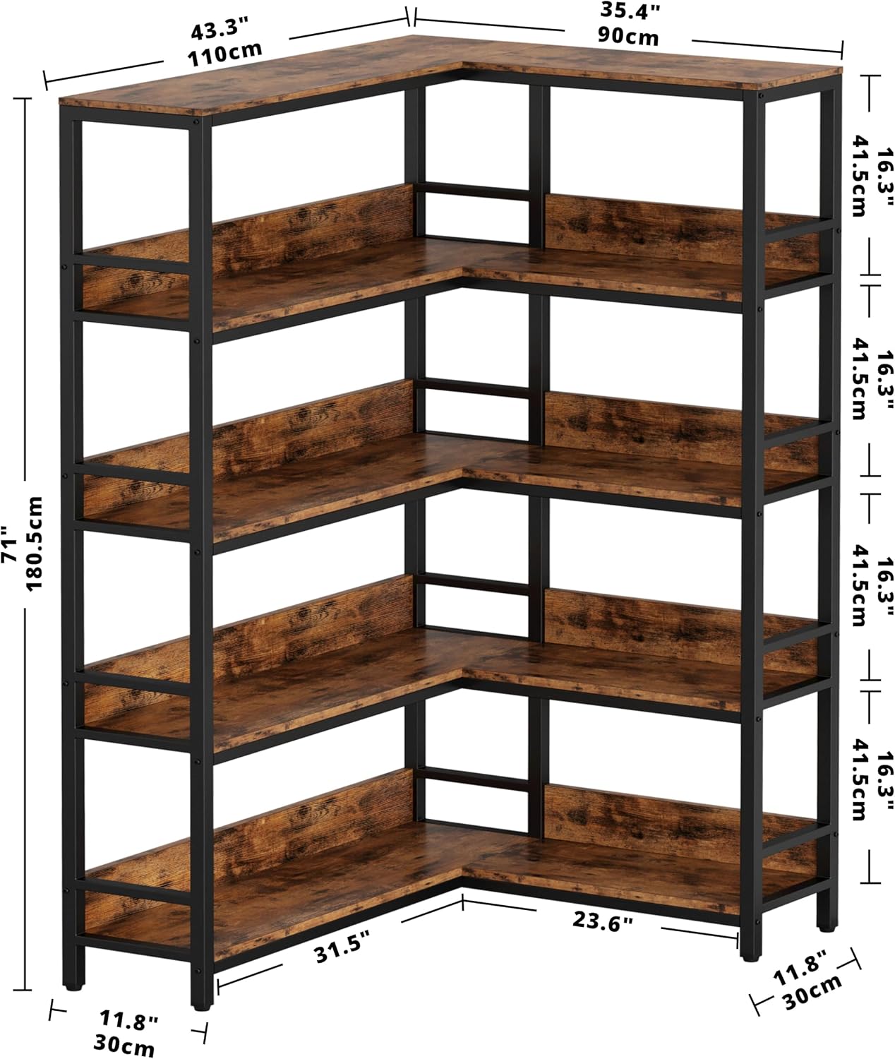 IRONCK Corner Shelf 5 Tiers 70LB Capacity L-Shaped Bookshelf with Baffles and Metal Frame for Home Office Living Room Kitchen Storage and Display