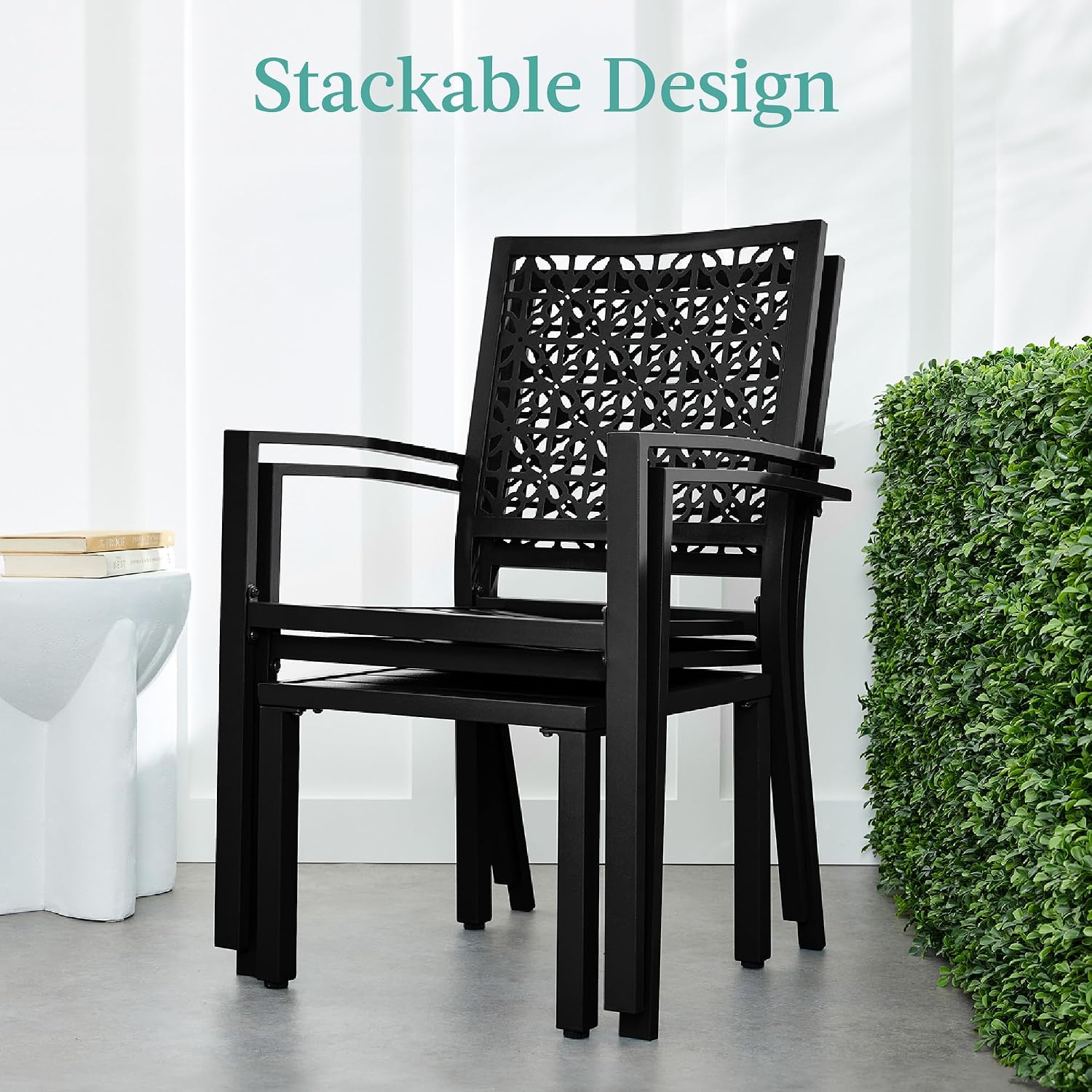 Best Choice Products 3-Piece Outdoor Bistro Set, Stackable Modern Steel Furniture for Porch, Garden w/ 2 Chairs, Table, Geometric Decor - Black
