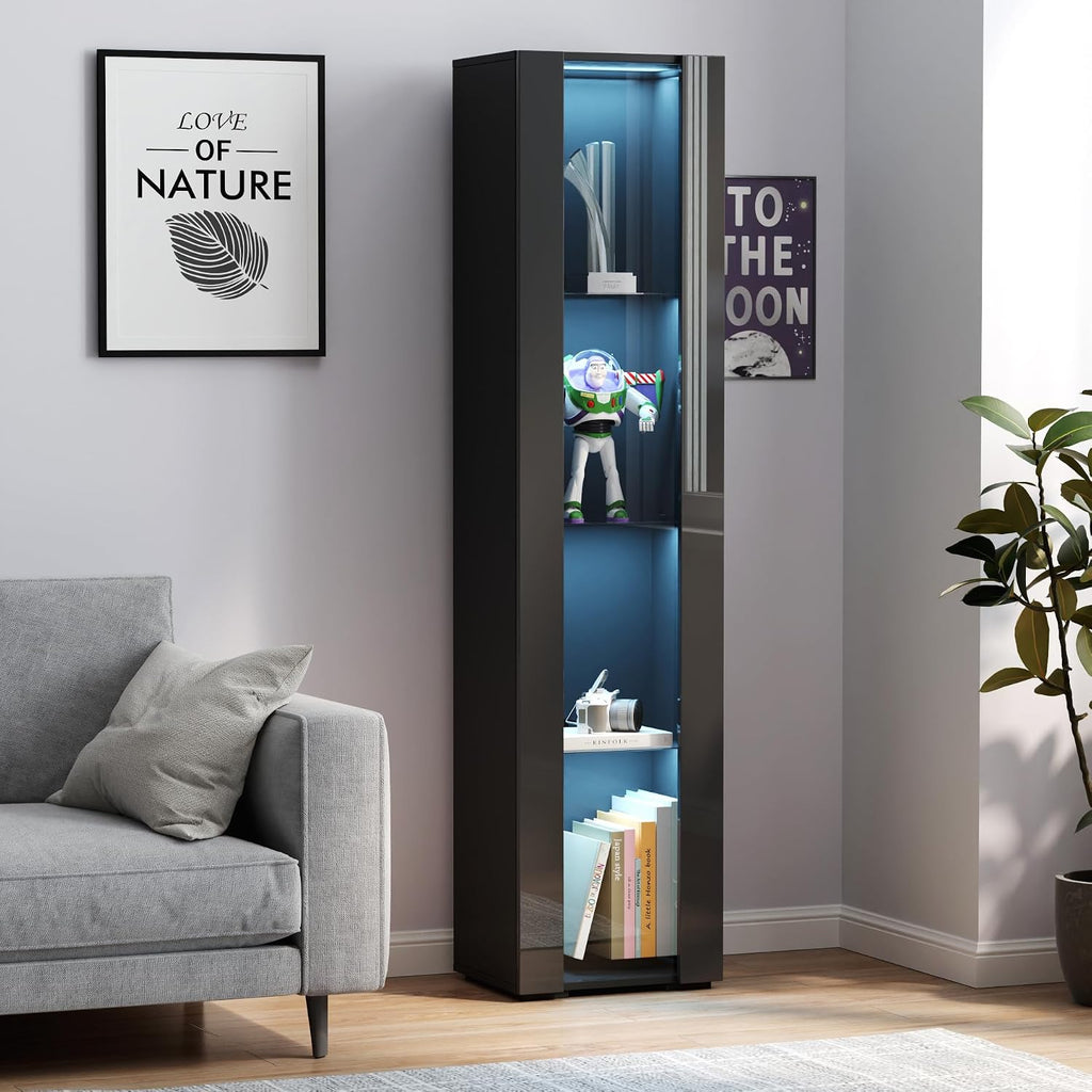 67' LED Display Cabinet with 4 Glass Shelves & 1 Door, Modern Curio Cabinet Collection Display Case Storage Cabinet, High Gloss Floor Standing Bookshelf for Living Room Bedroom Office (Black)