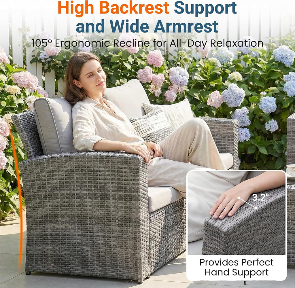 Wisteria Lane Patio Furniture Set, Wicker Outside Outdoor Furniture for All Weather, Patio Sofa with High Backrest Support and Wide Armrest for Backyard, Balcony, Deck, Porch, Ash Gray