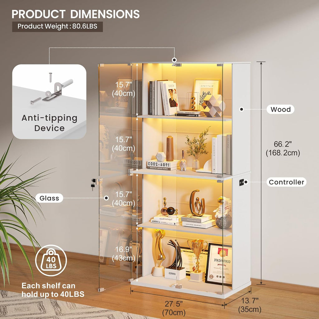 Display Cabinet with Glass Door,Lighted 4-Tier Curio Cabinet with3 Color Lights for Collectibles Bookcases,66' Lockable Display Case with Human Body Sensor,White