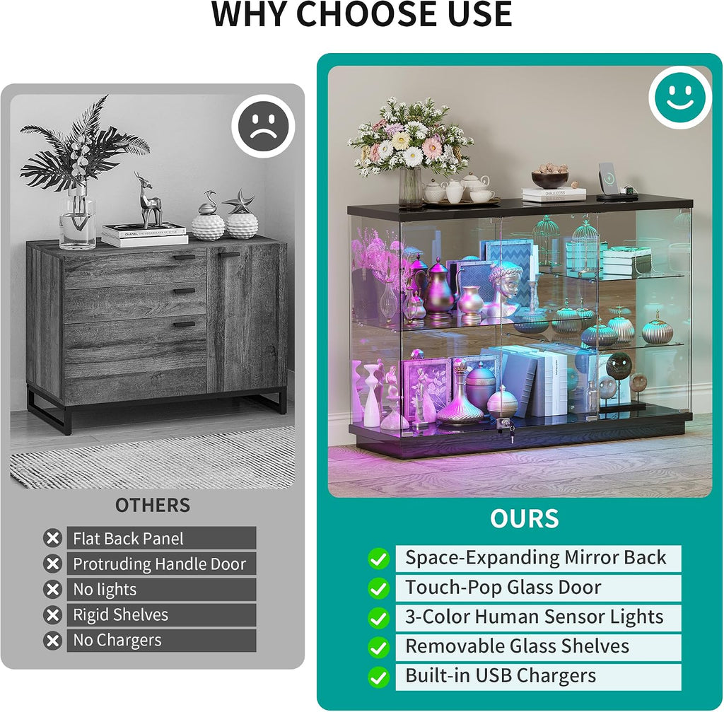 HNEBC 5-Tier Lockable Display Cabinet - with Glass Door,47.2' W Glass Display Case with 7+5 Lights Modes for Collectibles,Lighted Cuiro Cabinet with Human Sensor,China Cabinet for Living Room