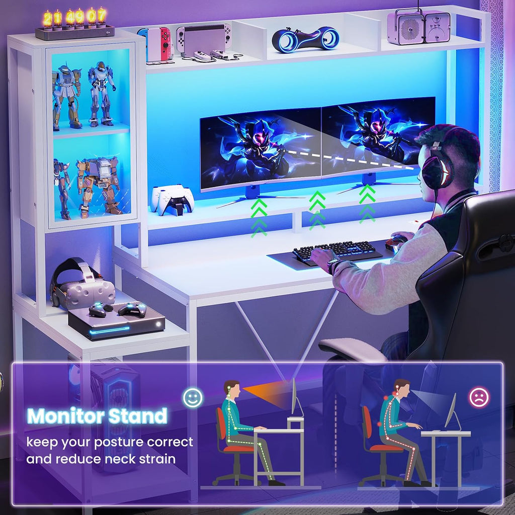 SEDETA White Gaming Desk, 60'' Gaming Desk with Hutch and LED Lights, Computer Desk with Storage Shelves, Large PC Gamer Desk with Display Cabinet, Monitor Stand, Power Outlet for Home Office