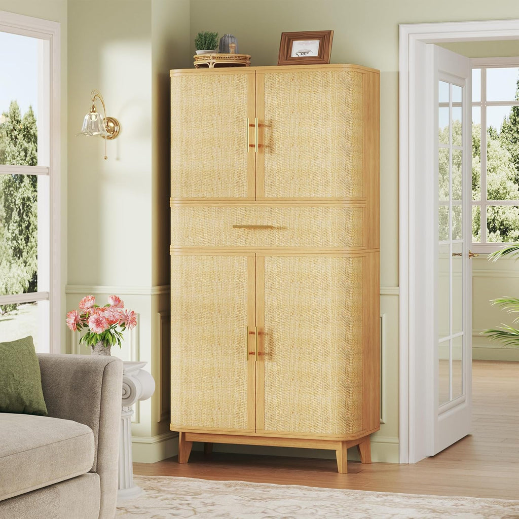 HUAHUU 71' Tall Pantry Cabinet, Kitchen Pantry Storage Cabinets with 4 Rattan Doors & Large Drawer, Modern Curved Storage Cabinet with 10 Storage Compartments for Dining Room, Living Room, Natural