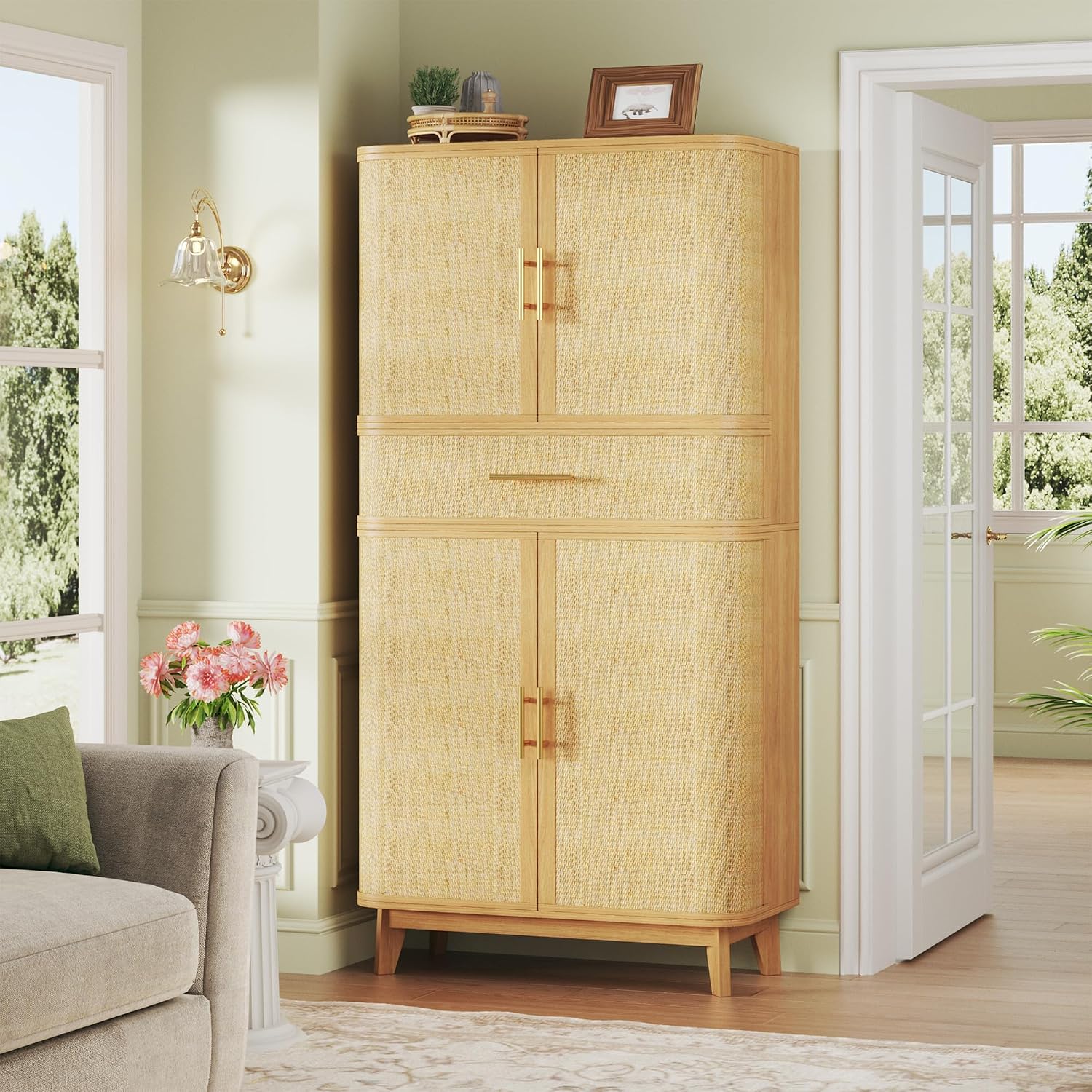HUAHUU 71' Tall Pantry Cabinet, Kitchen Pantry Storage Cabinets with 4 Rattan Doors & Large Drawer, Modern Curved Storage Cabinet with 10 Storage Compartments for Dining Room, Living Room, Natural
