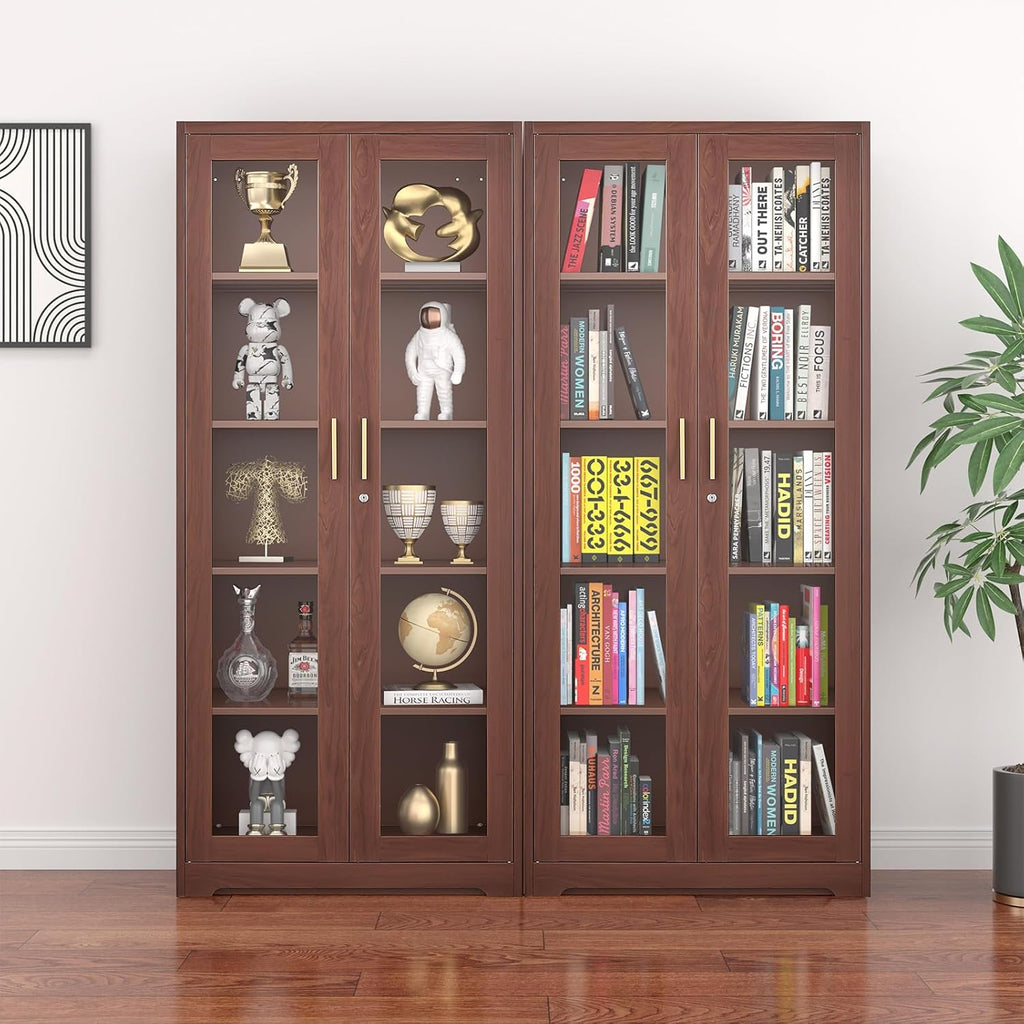 Polup Glass Display Cabinet, Display Case with Glass Doors and Shelves, Metal Curio Cabinets with Locking, 71' Tall Bookcase with Glass Doors for Home, School, Clinic (Wood Color)- Assemble Required