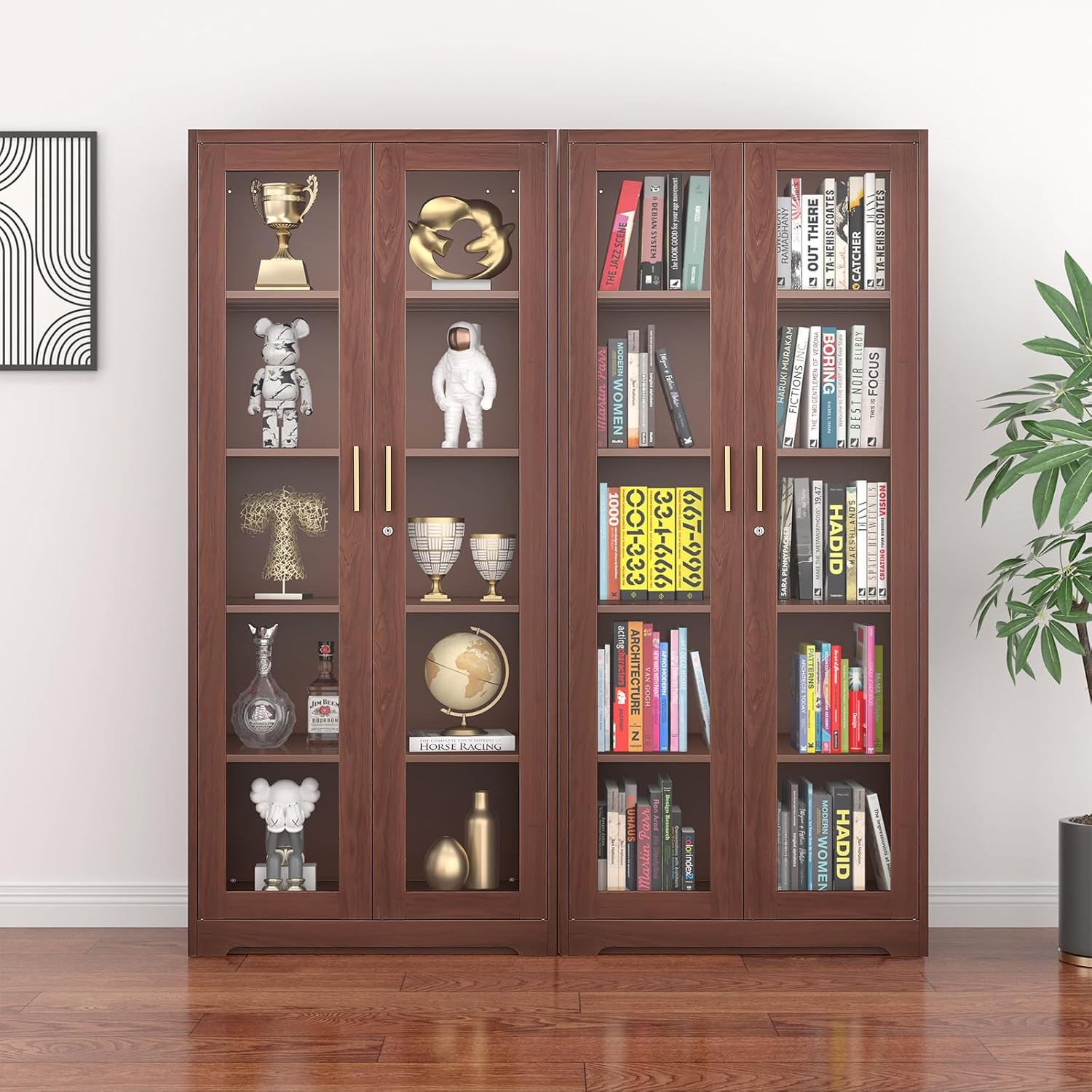 Polup Glass Display Cabinet, Display Case with Glass Doors and Shelves, Metal Curio Cabinets with Locking, 71' Tall Bookcase with Glass Doors for Home, School, Clinic (Wood Color)- Assemble Required