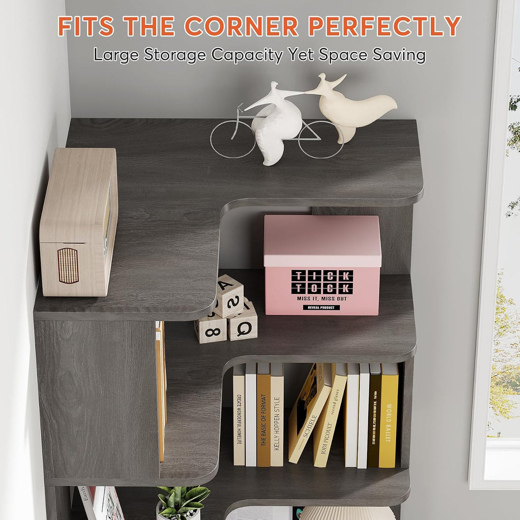 Tribesigns 6-Tier Corner Bookshelf, 64.9 Inches Tall Corner Bookcase with Anti-Drop Panel, Modern Freestanding Shelf Display Rack Storage Organizer for Home Office, Living Room, Grey