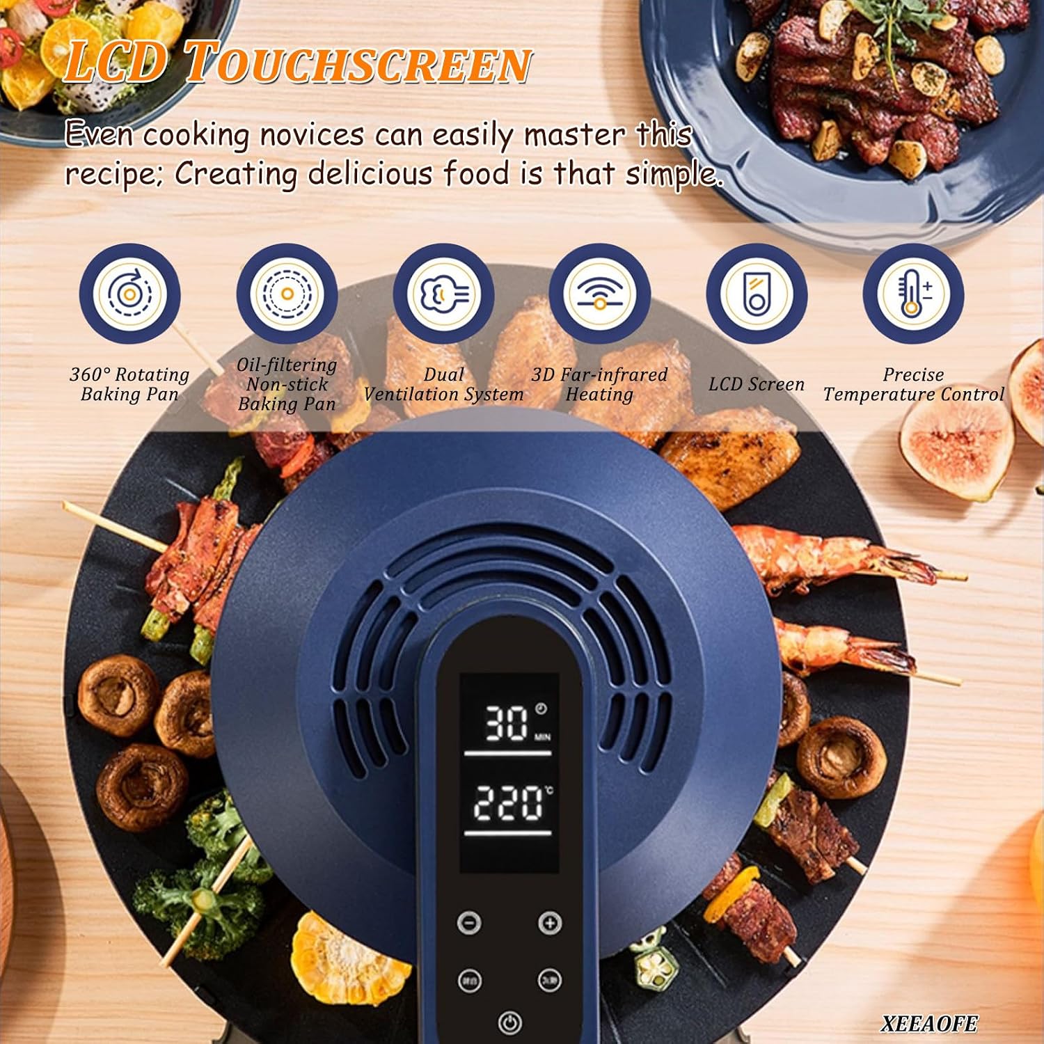 Indoor Grill with 360° Rotation, Smokeless Electric Grill & Griddle, Smart LED Display & Timer, Non-Contact Heating, Removable Non-Stick Plates