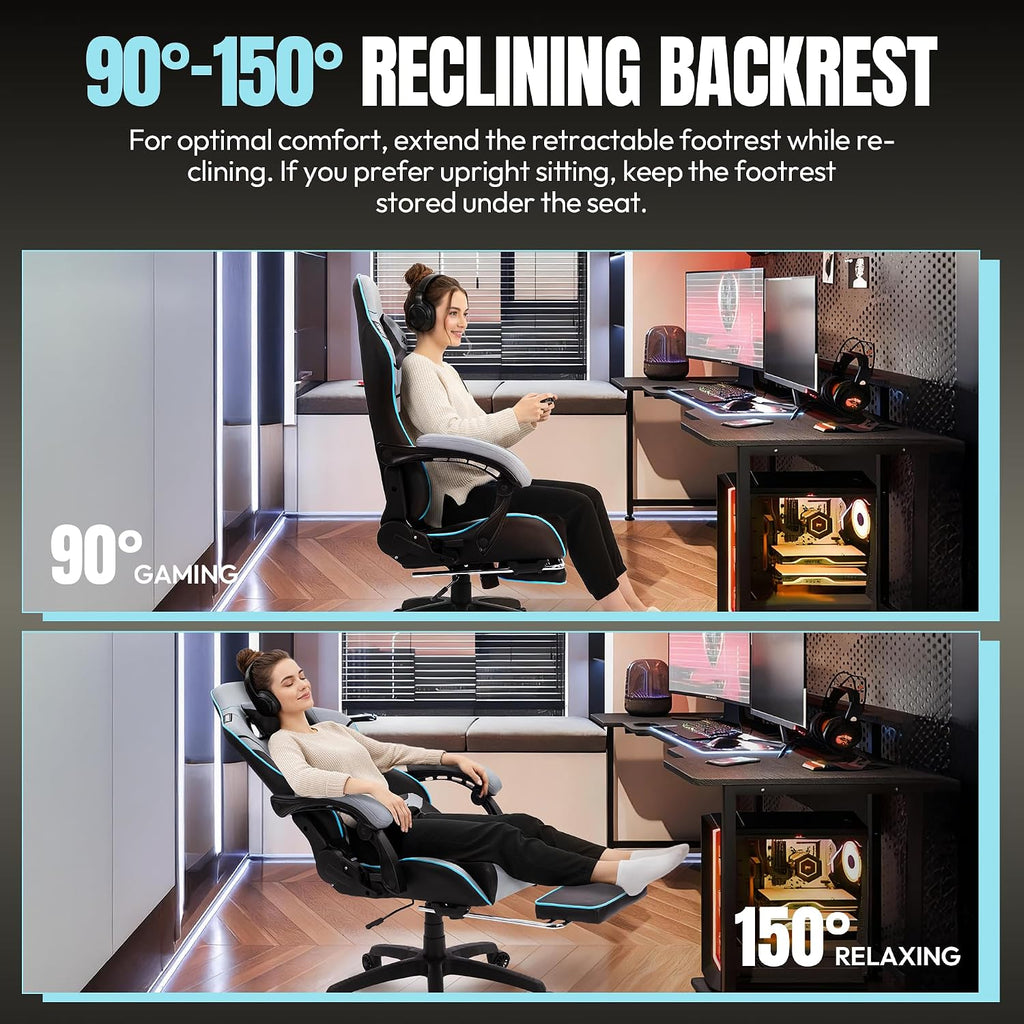 Dowinx Big and Tall Gaming Chair 350LBS, Racing Style Ergonomic Computer Chair with Side-Mounted Recline Control, Footrest & Massage Lumbar, High Back Chair with Embroidered Design for Gaming or Work