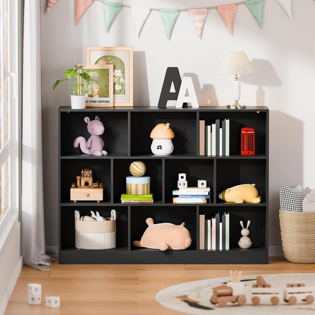 Cozy Castle Black Bookshelf, 3-Tier Open Shelf Bookcase, 10 Cube Storage Organizer with Anti-Tilt Device for Bedroom, Living Room, 55.11' W x 11.61'D x 40.94'H