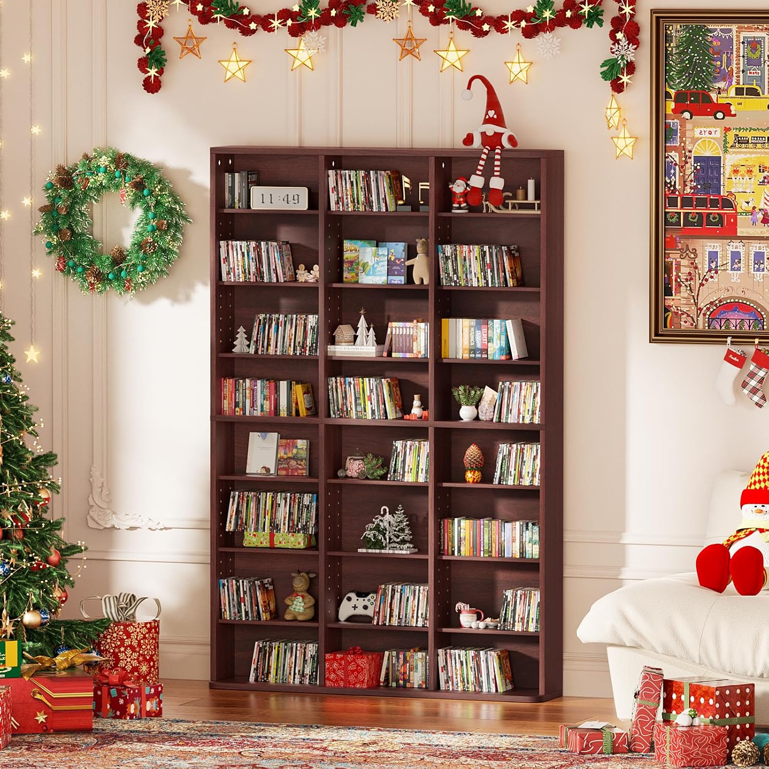 LELELINKY 8 Tier Tall Display Cabinet, Walnut Media Storage Cabinet with Adjustable Shelves, Free Standing DVD Organizer Shelf, Floor Multimedia Storage Manga Bookshelf for Living Room & Home Office.
