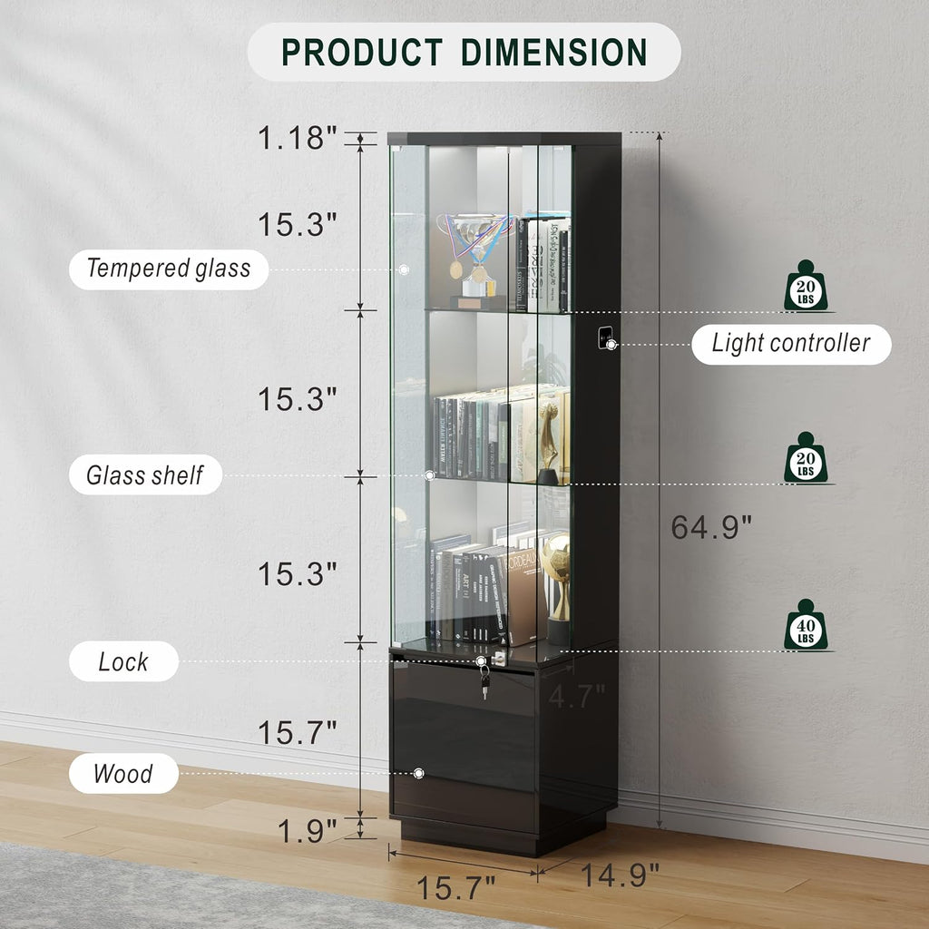 Lvifur Lockable Curio Display Cabinet with Glass Door,65' Lighted Curio Cabinet with 3 Color Lights for Collectibles,3-Tier Glass Display Case with Human Body Sensor for Living Room,Black