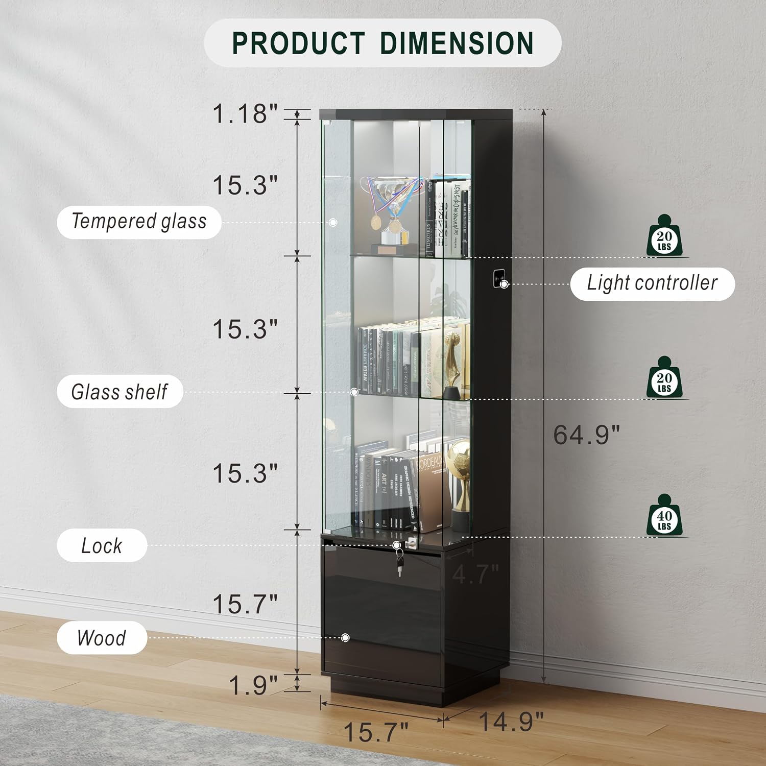 Lvifur Lockable Curio Display Cabinet with Glass Door,65' Lighted Curio Cabinet with 3 Color Lights for Collectibles,3-Tier Glass Display Case with Human Body Sensor for Living Room,Black