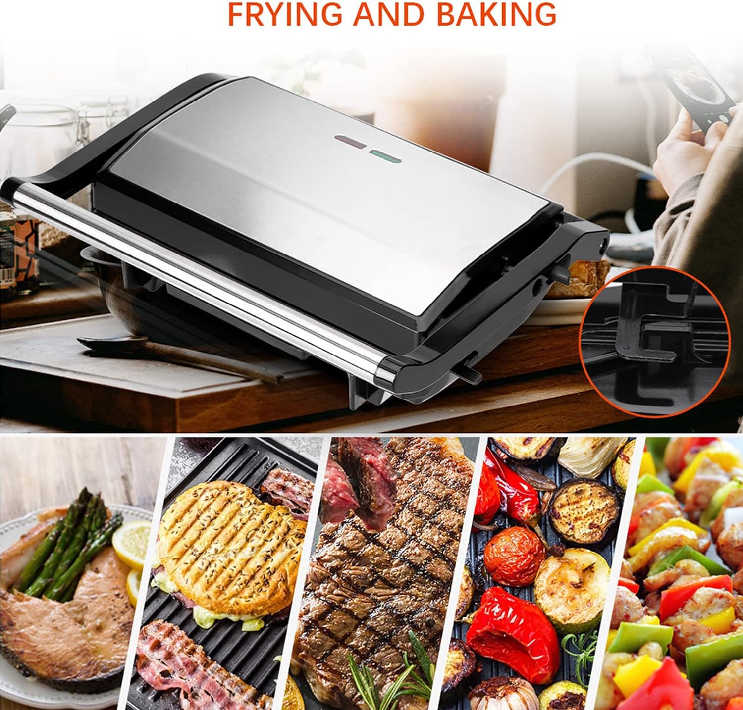 1000W Sandwich Maker, with Ceramic Non-stick Plates, Opens 180 Degrees for Any Size Food, 3-in-1 Sandwich Press Electric Grill, Drip Spout & Locking Lid, for Toasted Cheese Snacks, Quick Breakfast