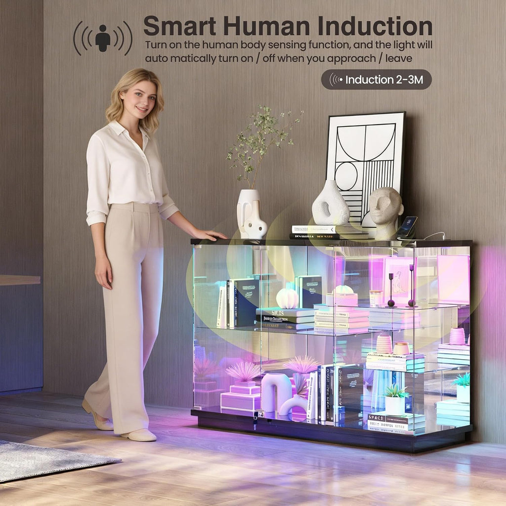 Lvifur High Gloss Display Cabinet - with Lock, Curio Cabinet with Human Body Sensor & Glass Shelves for Toys, Books, Collectibles, Liquor, Bookcase for Living Room, Kitchen, Study, Black