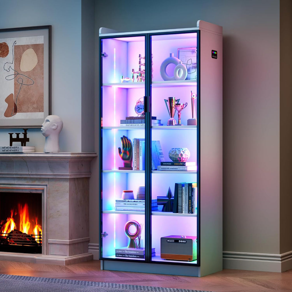 FREDEES Display Cabinet with Glass Doors, 5-Tier Curio Cabinet with Motion Sensor RGB Lights, 65' Tall Glass Display Case with Adjustable Shelves for Collectibles, Figures, Books, White