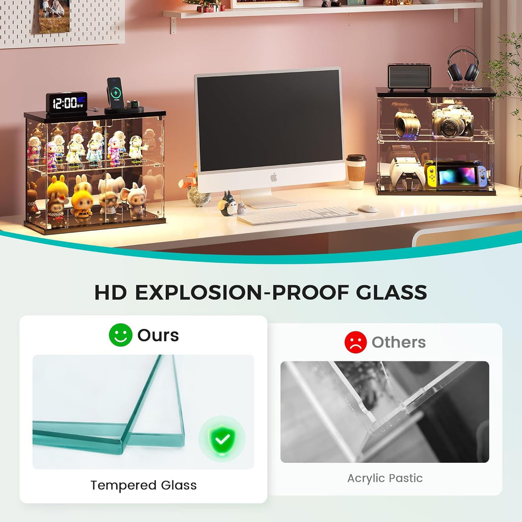 Dystler 2pcs LED Clear Glass Display Case - for Figures & Collectibles, Small 2-Tier Display Cabinet with Charging Station, Display Box with Lights & Human Sensor, for Model Car, Perfume, Black