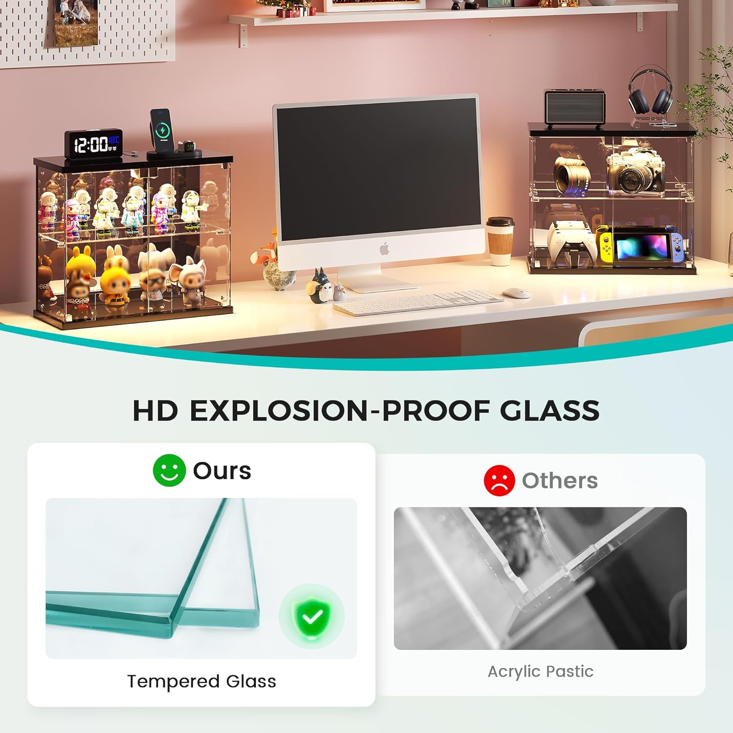 Dystler 2pcs LED Clear Glass Display Case - for Figures & Collectibles, Small 2-Tier Display Cabinet with Charging Station, Display Box with Lights & Human Sensor, for Model Car, Perfume, Black