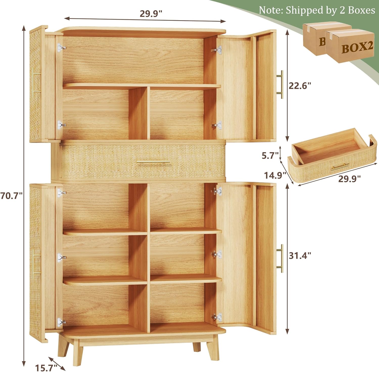 HUAHUU 71' Tall Pantry Cabinet, Kitchen Pantry Storage Cabinets with 4 Rattan Doors & Large Drawer, Modern Curved Storage Cabinet with 10 Storage Compartments for Dining Room, Living Room, Natural
